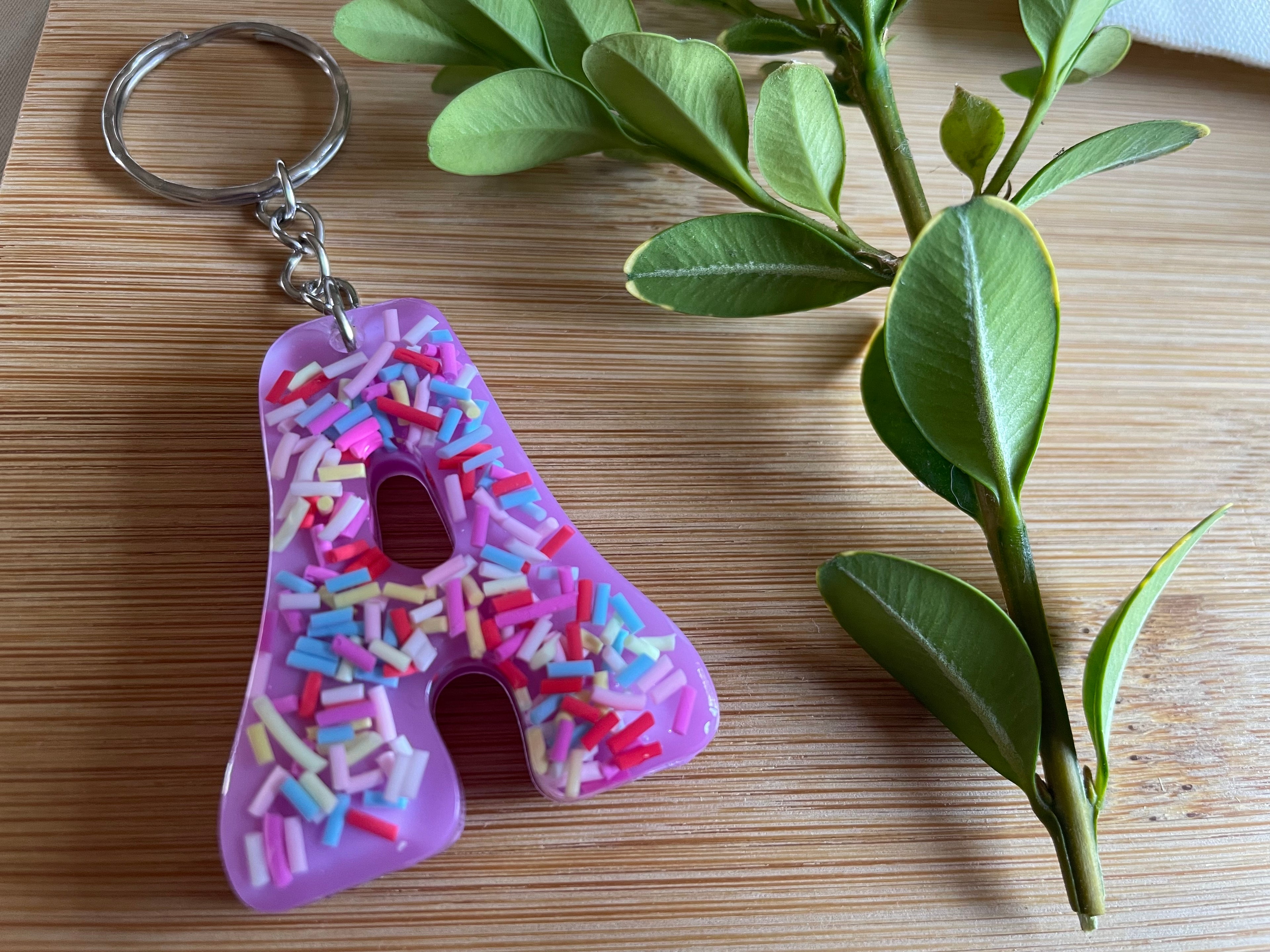 Unique Handmade Resin Keyring - Letter A with Sprinkles.