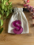 Unique Handmade Resin Keyring - Letter S. Pink with Sparkled Stones.