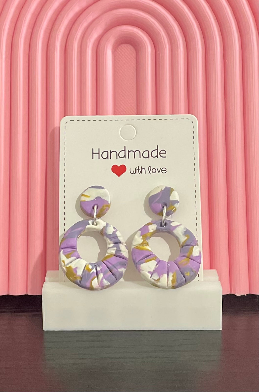 Unique Handmade Polymer Clay Round Dangly Earrings. Marbled Purples, White and Gold.