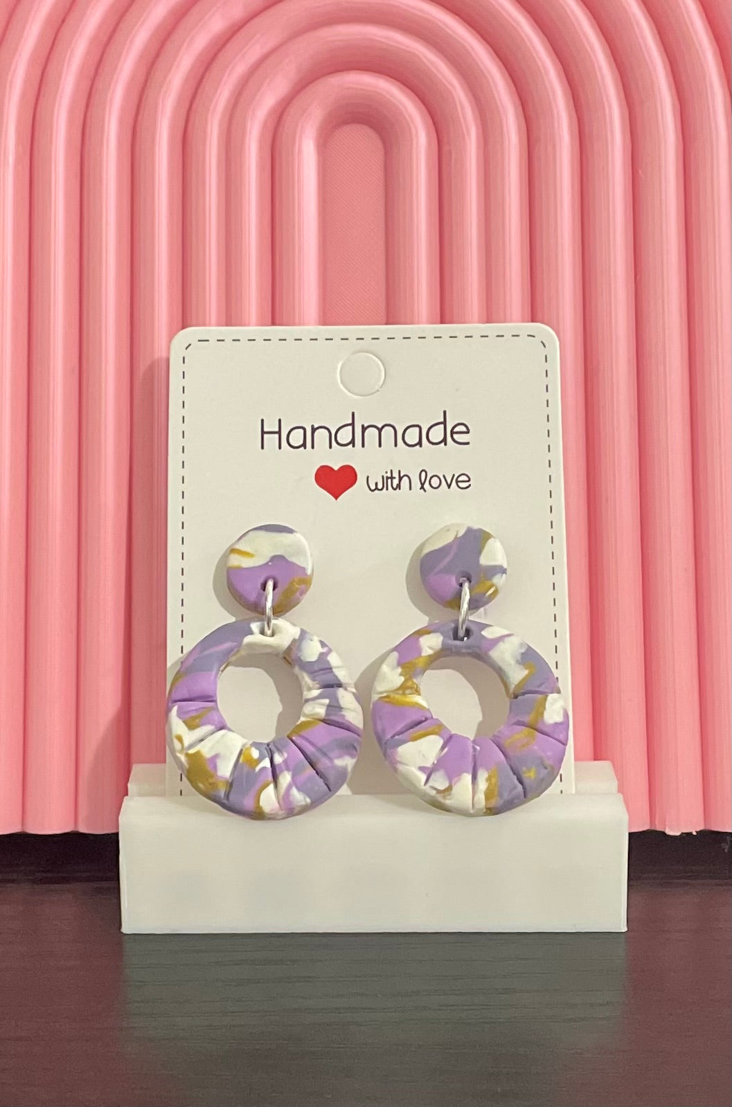 Unique Handmade Polymer Clay Round Dangly Earrings. Marbled Purples, White and Gold.