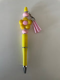 Unique Yellow and Pink Flower Beaded Pen with Tassel.