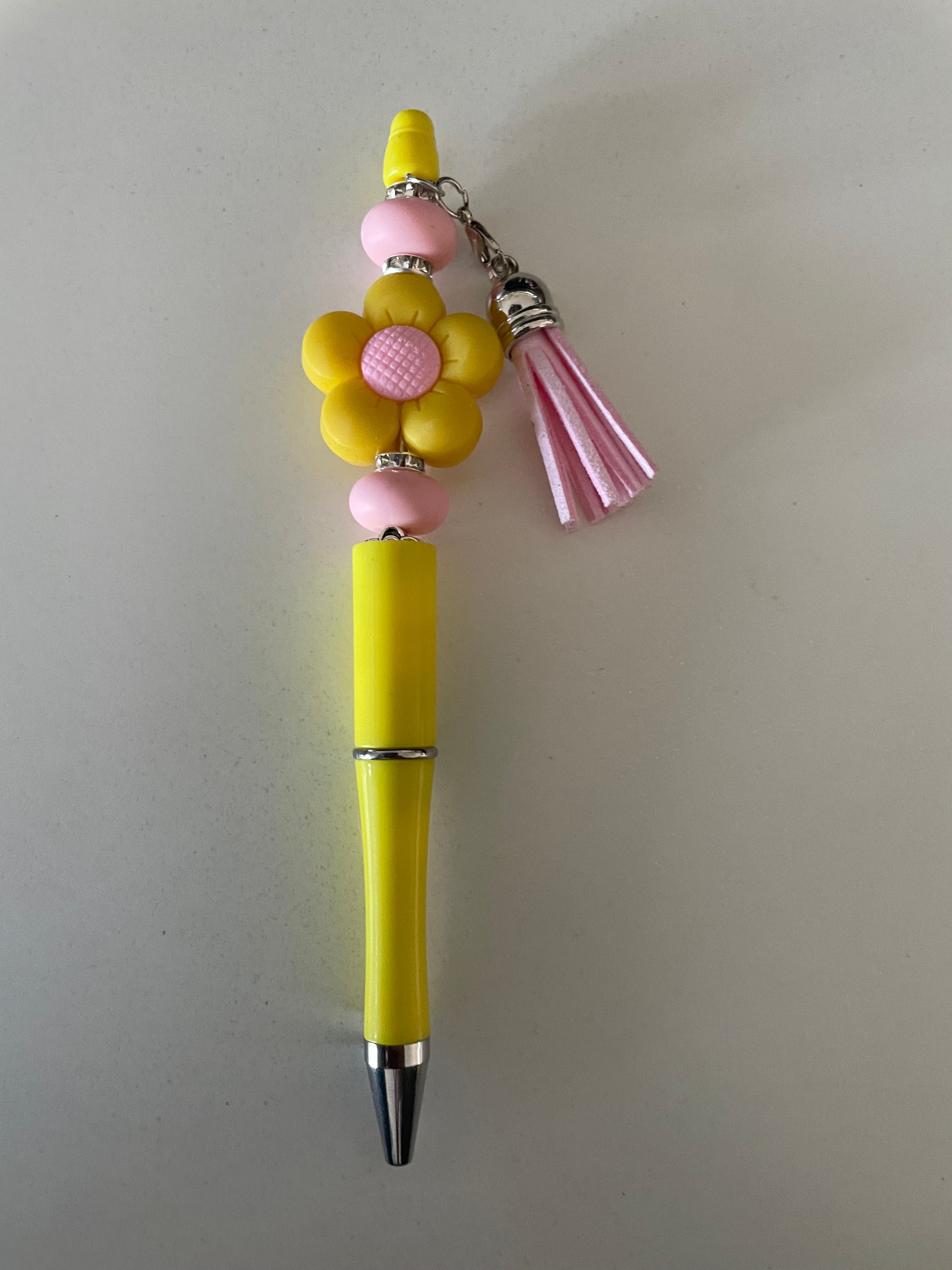Unique Yellow and Pink Flower Beaded Pen with Tassel.