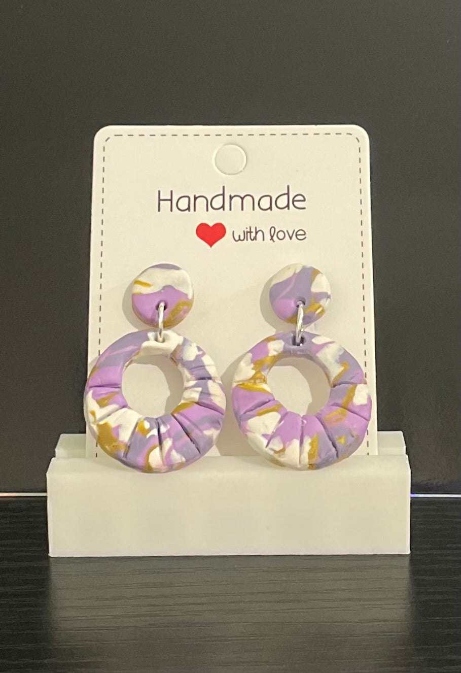 Unique Handmade Polymer Clay Round Dangly Earrings. Marbled Purples, White and Gold.