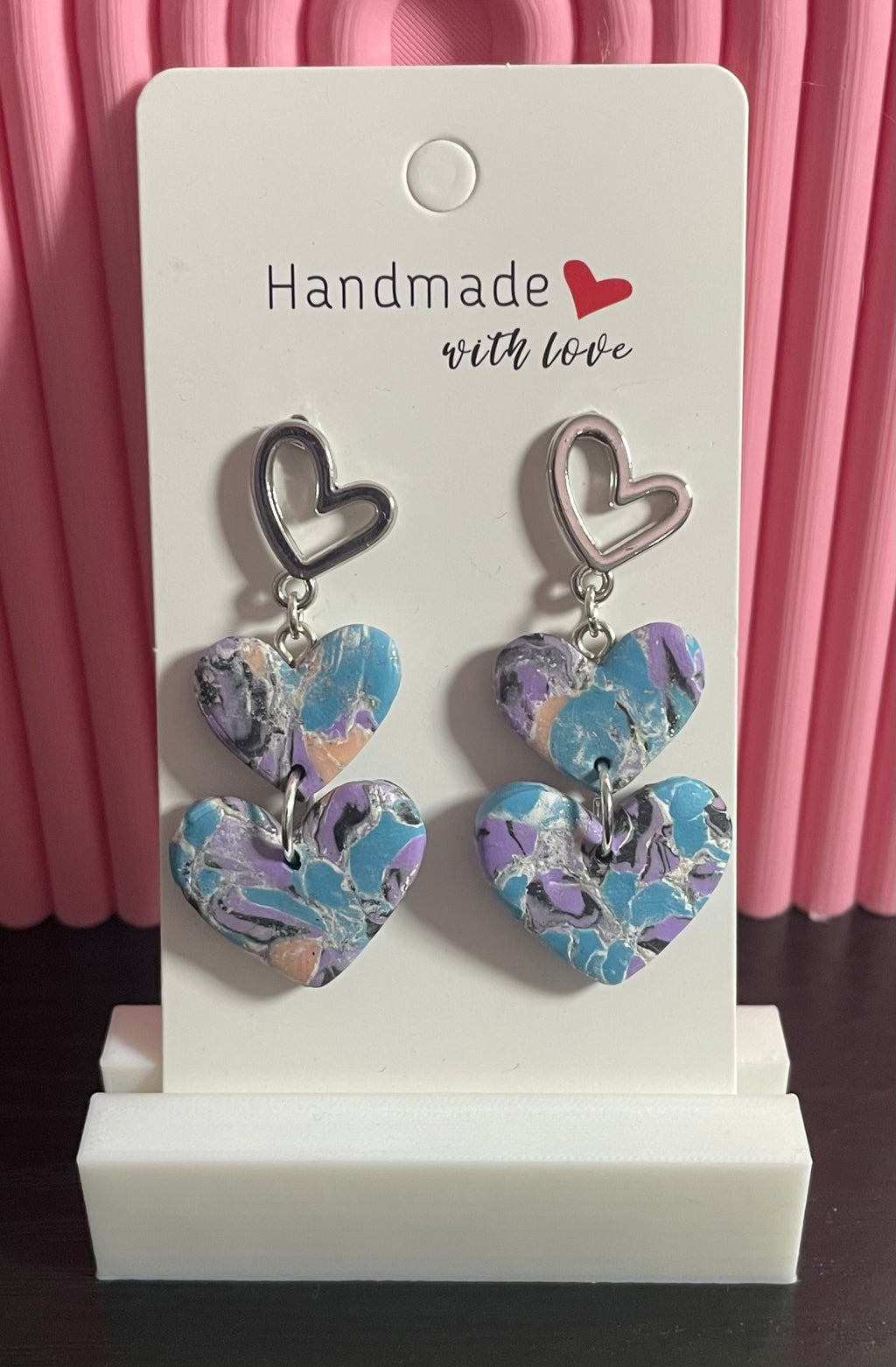 Unique Handmade Polymer Clay Triple Heart Dangly Earrings. Multi coloured Marbled Design.