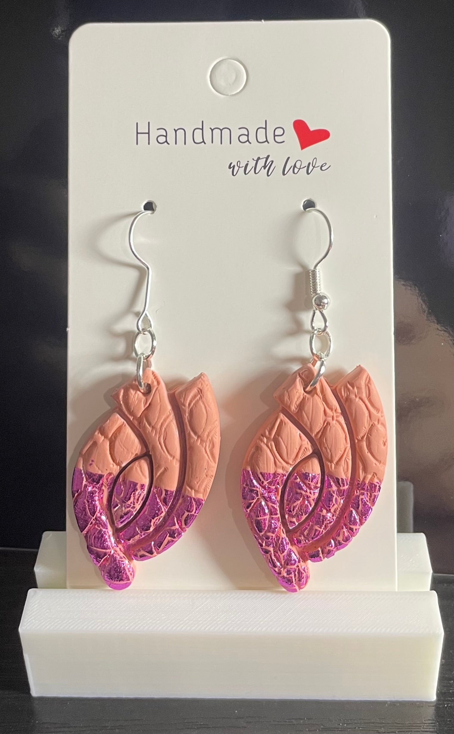 Unique Handmade Polymer Clay Dangly Earrings. Salmon Colour with Magenta/Purple Foil.