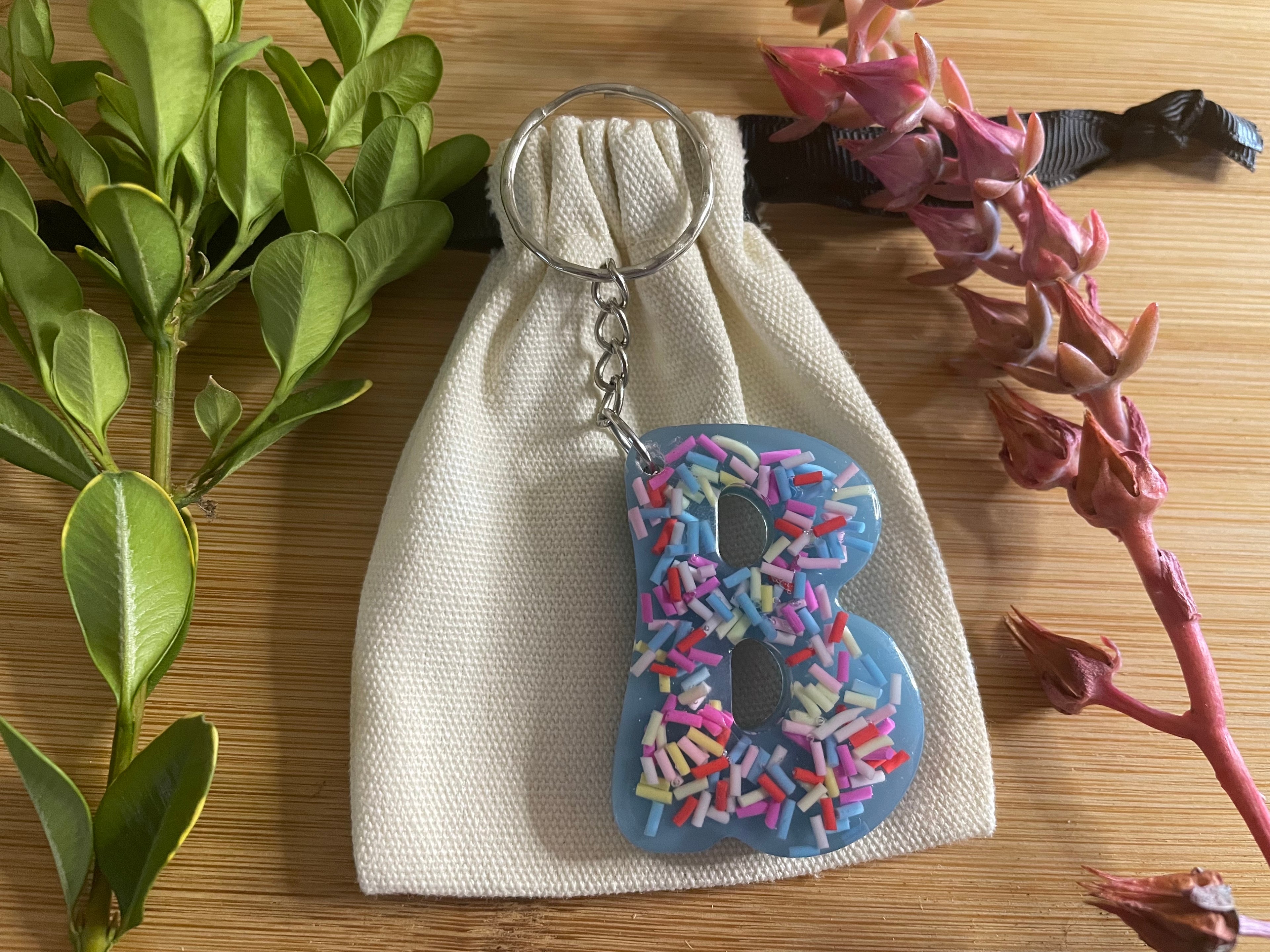 Handmade Resin Keyring - Blue Letter B with sprinkles.