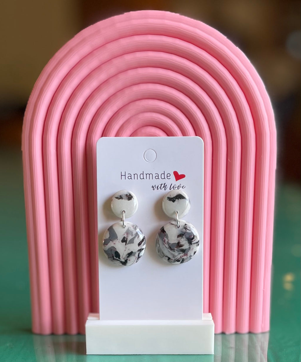 Unique Handmade Marbled Polymer Clay and Resin Round Dangly Earrings