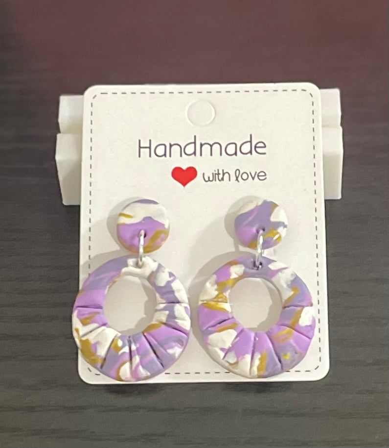Unique Handmade Polymer Clay Round Dangly Earrings. Marbled Purples, White and Gold.