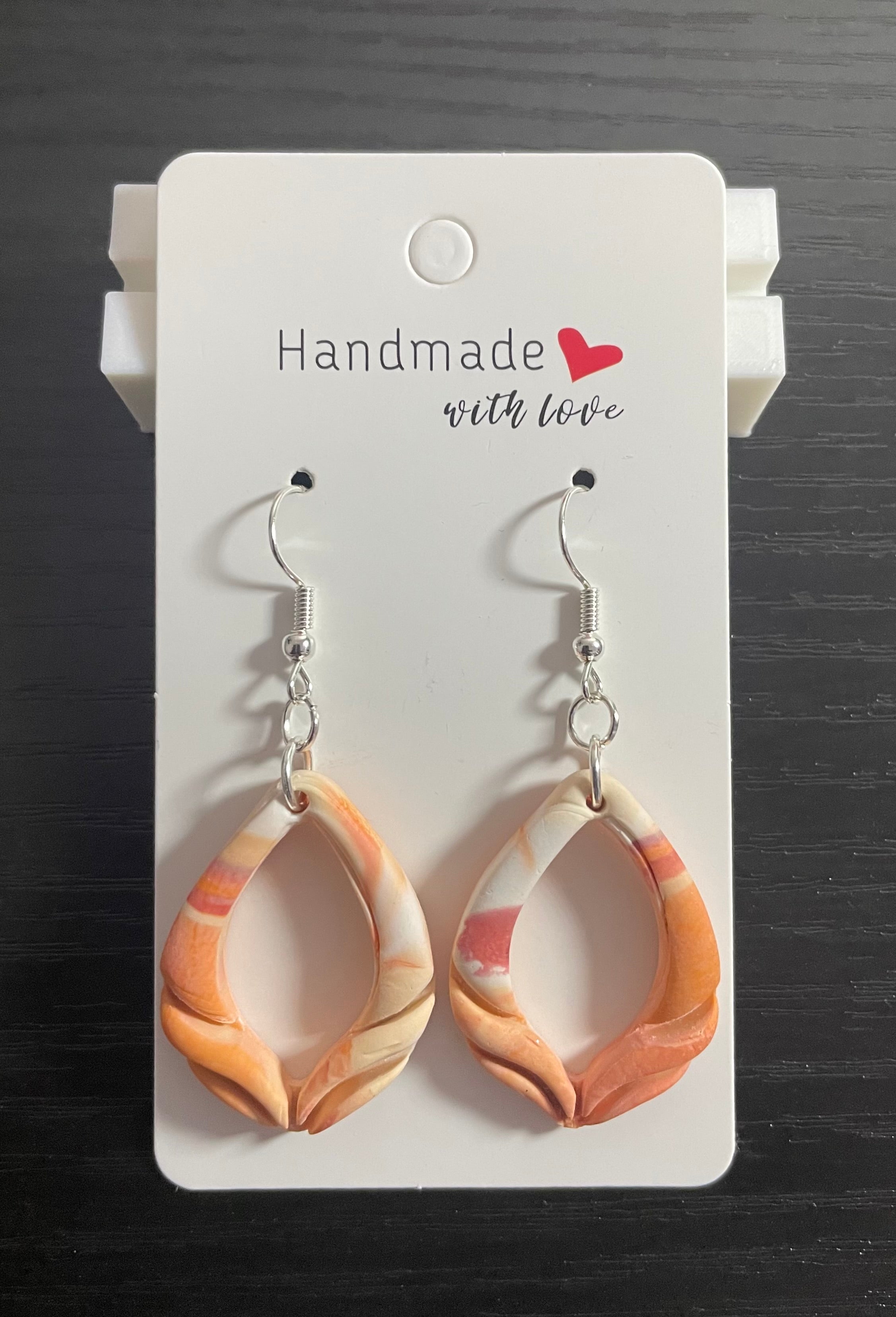 Unique Handmade Polymer Clay Dangly Earrings. Marbled Tones of Orange/Peach and White.