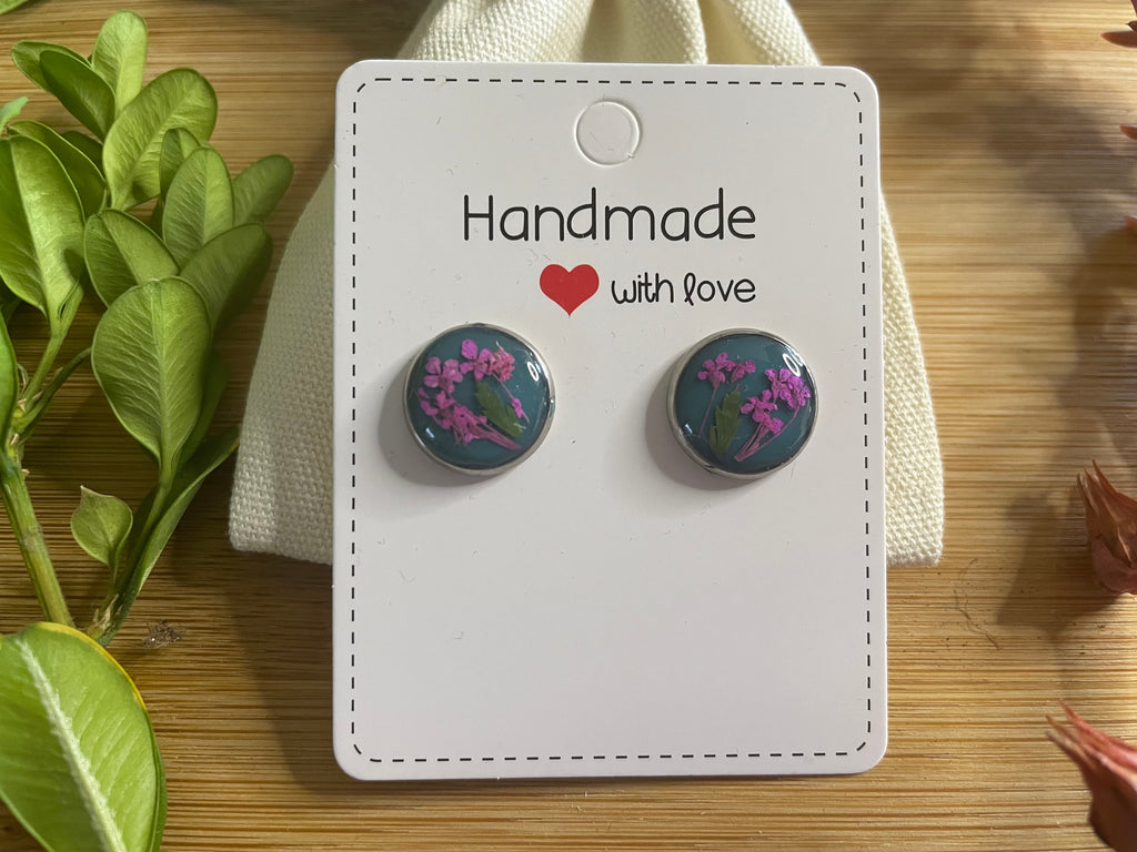 Handmade Resin Studs Teal with Real Pink Flowers