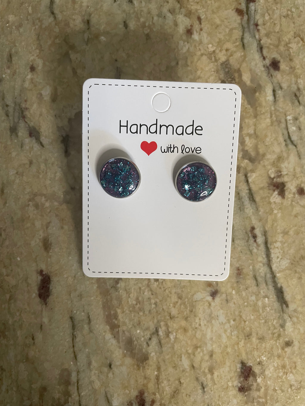 Round Studs with Purple Background and Teal Crushed Glass