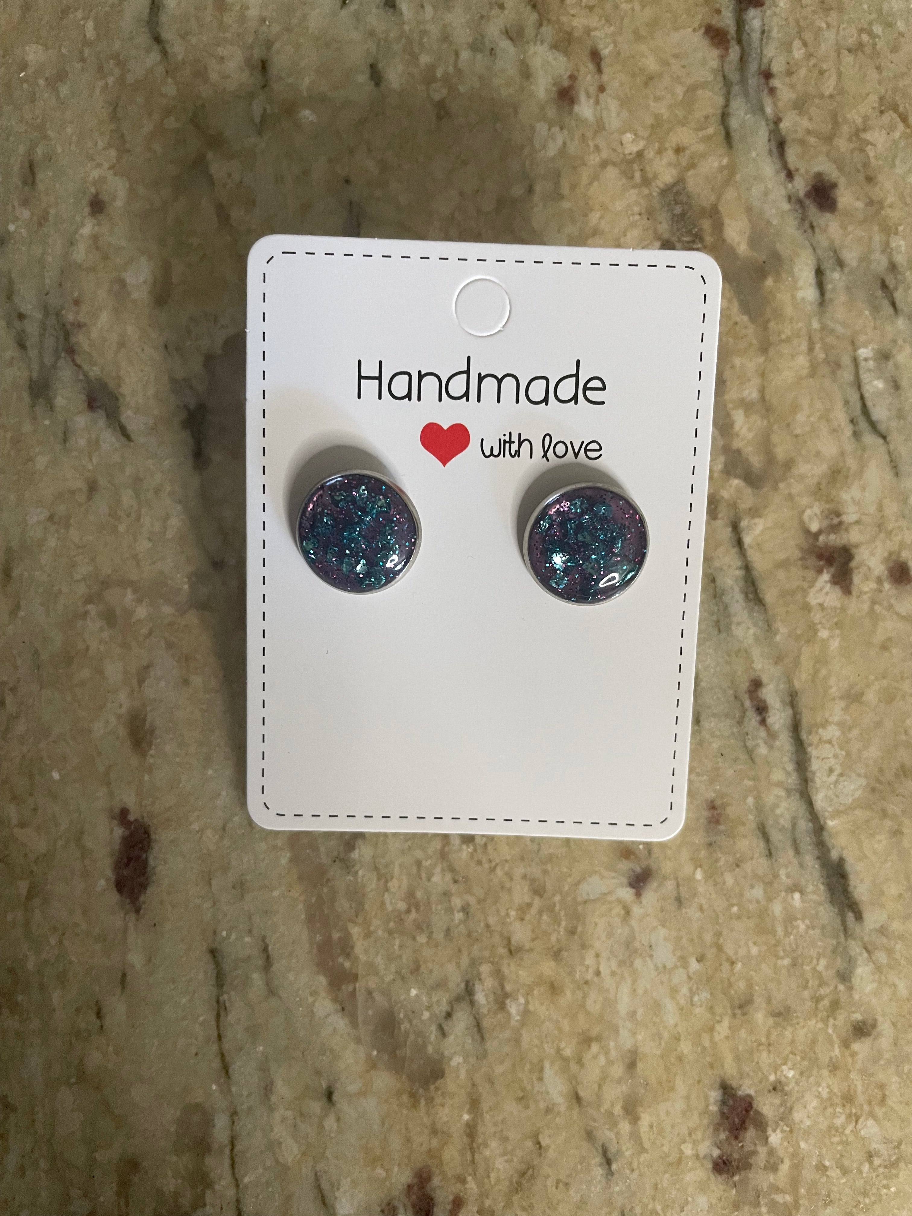 Round Studs with Purple Background and Teal Crushed Glass