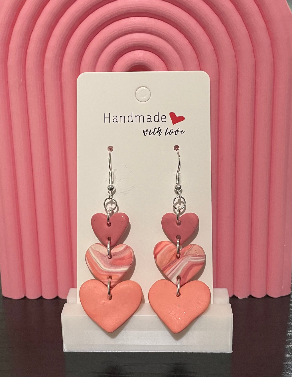 Unique Handmade 3 Tones of Pink Hearts Dangly Polymer Clay Earrings.