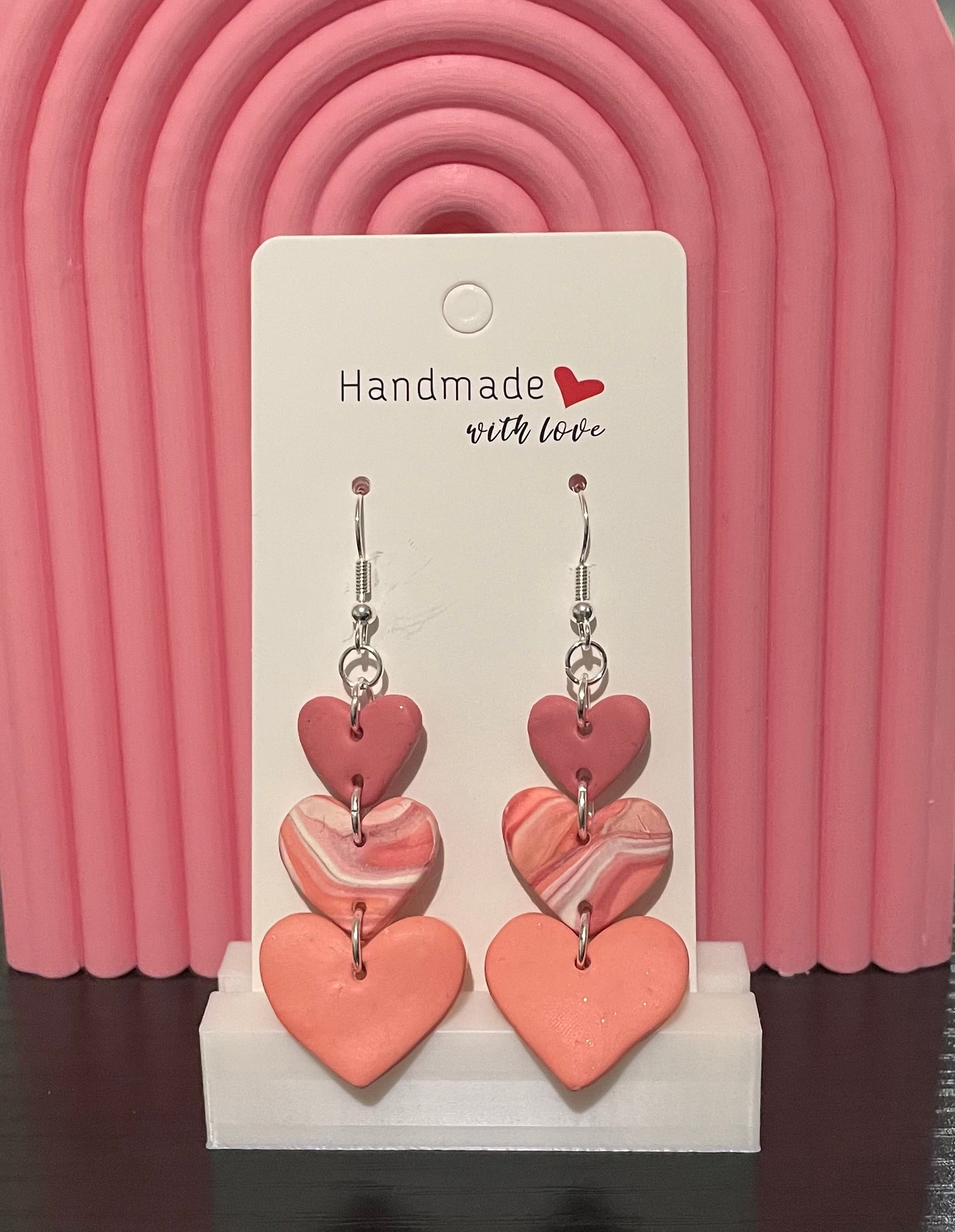 Unique Handmade 3 Tones of Pink Hearts Dangly Polymer Clay Earrings.