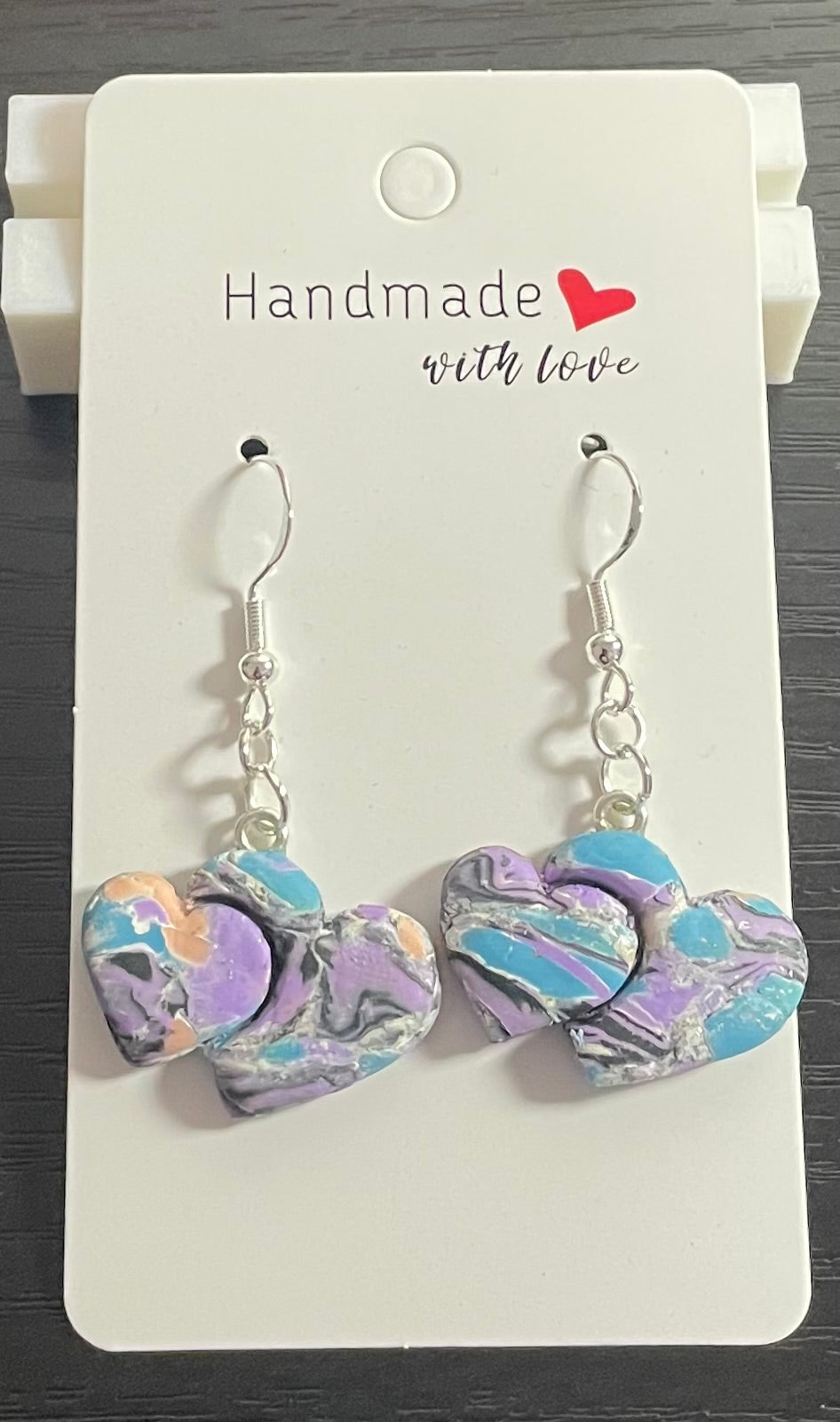 Unique Handmade Polymer Clay Double Heart Dangly Earrings. Multicolour Marbled Effect.