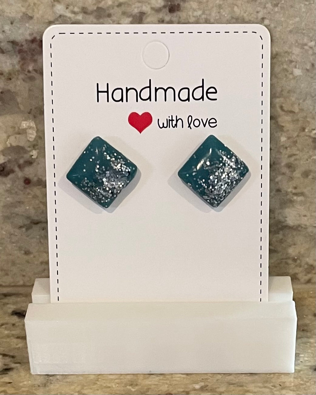 Unique Handmade Resin Stud Earrings. Green/Teal with Silver Glitter. Birthday. Special Occasion. Gift. Everyday Wear.