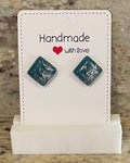 Unique Handmade Resin Stud Earrings. Green/Teal with Silver Glitter. Birthday. Special Occasion. Gift. Everyday Wear.