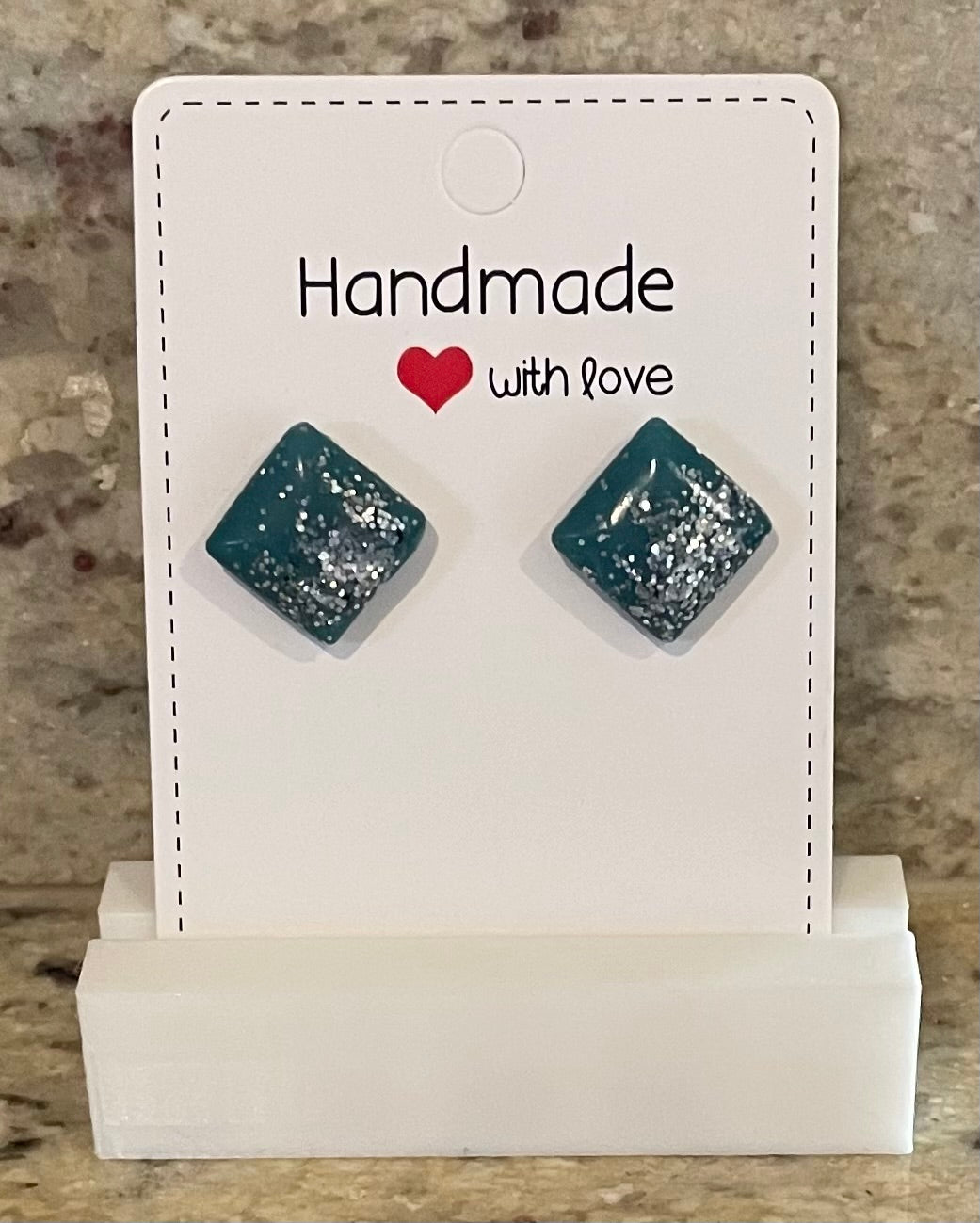 Unique Handmade Resin Stud Earrings. Green/Teal with Silver Glitter. Birthday. Special Occasion. Gift. Everyday Wear.