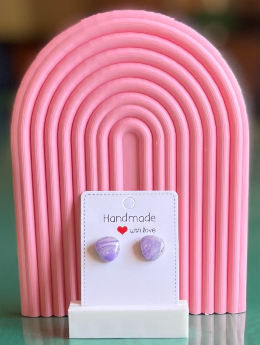Unique Handmade Polymer Clay and Resin Studs Marbled Purple, White and Silver