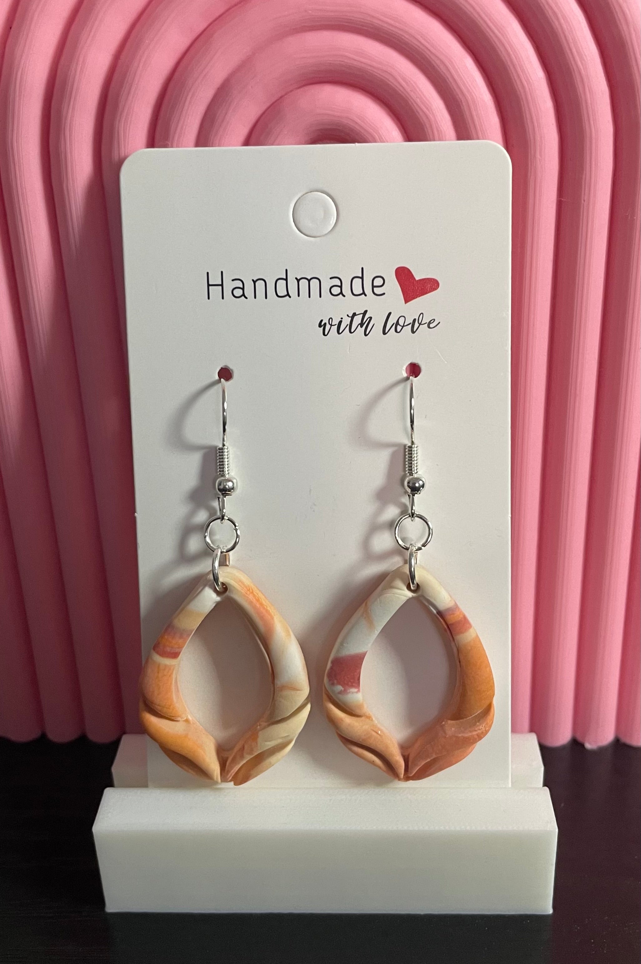 Unique Handmade Polymer Clay Dangly Earrings. Marbled Tones of Orange/Peach and White.