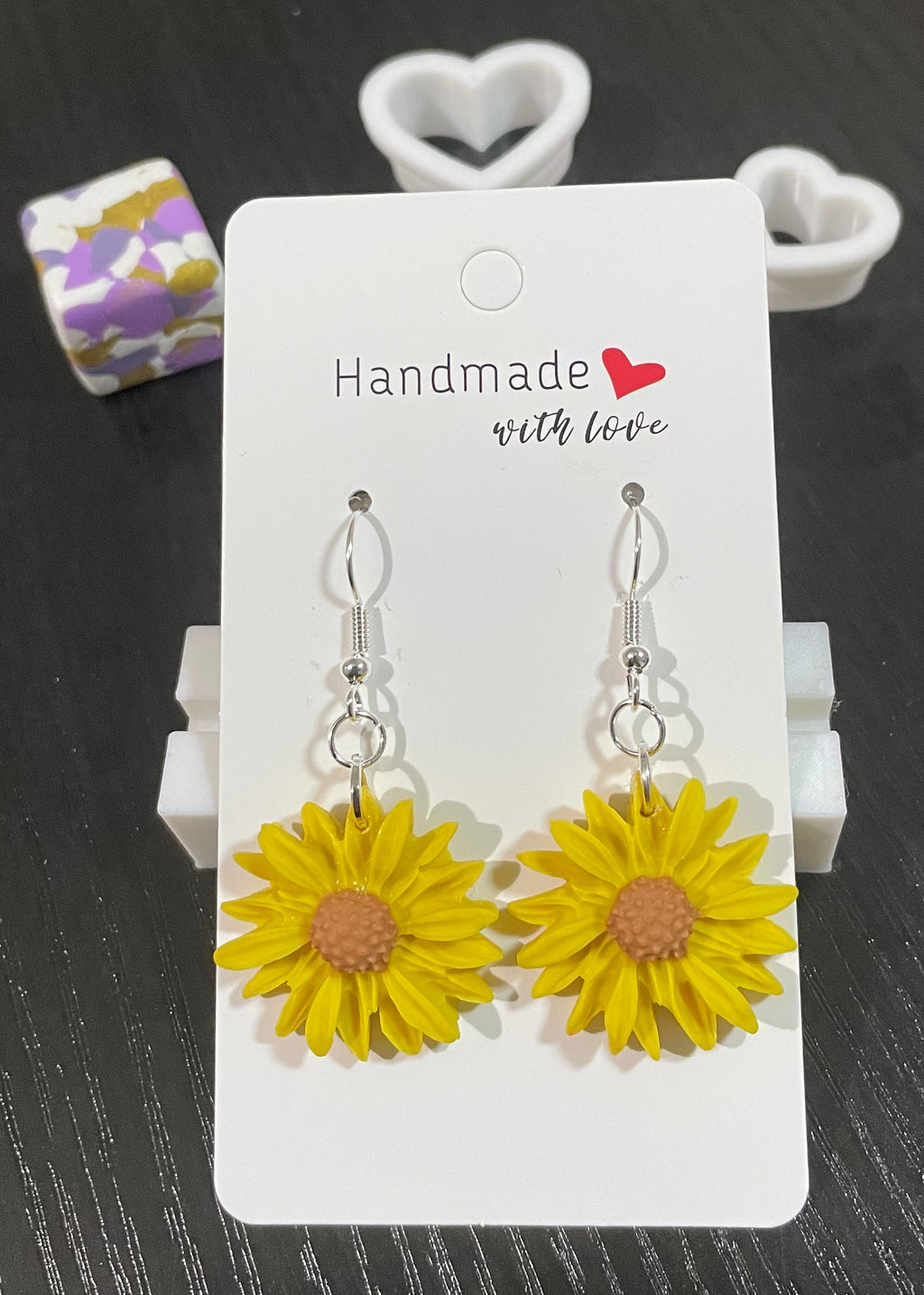 Unique Handmade Polymer Clay Sunflower Dangly Earrings.