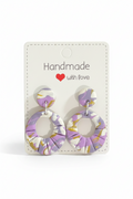 Unique Handmade Polymer Clay Round Dangly Earrings. Marbled Purples, White and Gold.