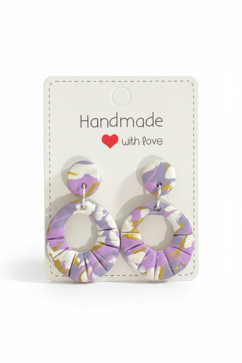 Unique Handmade Polymer Clay Round Dangly Earrings. Marbled Purples, White and Gold.