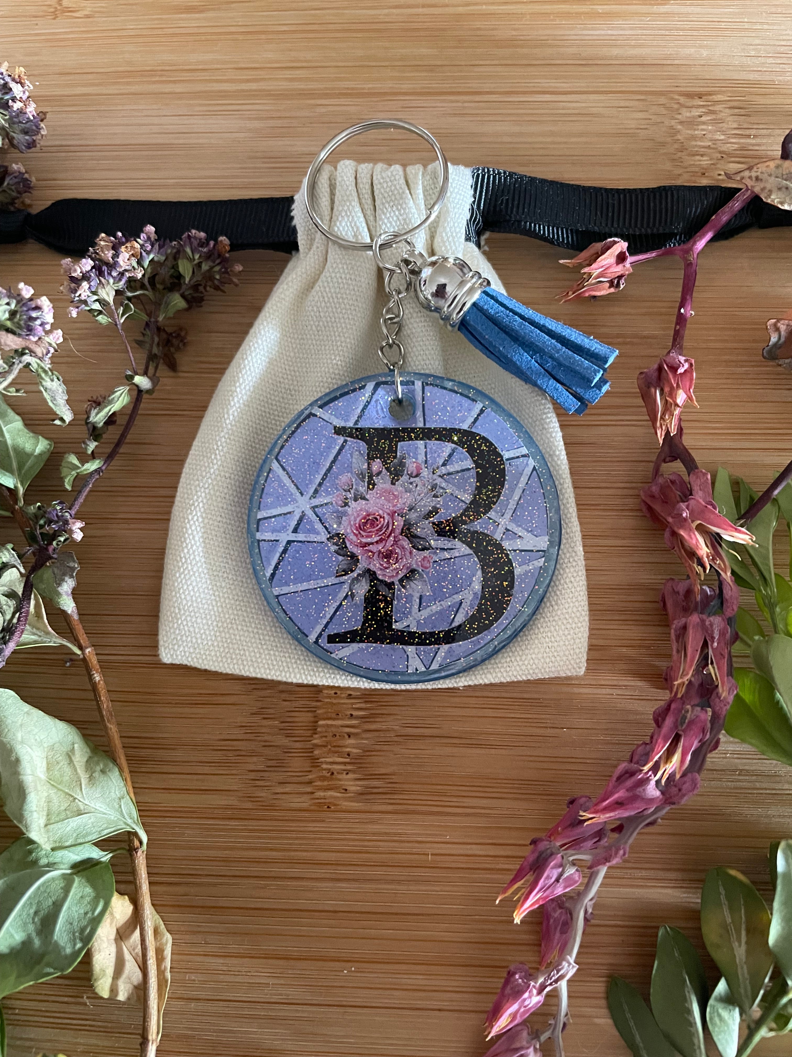 Handmade Letter B Acrylic and Resin Keychain with Tassle
