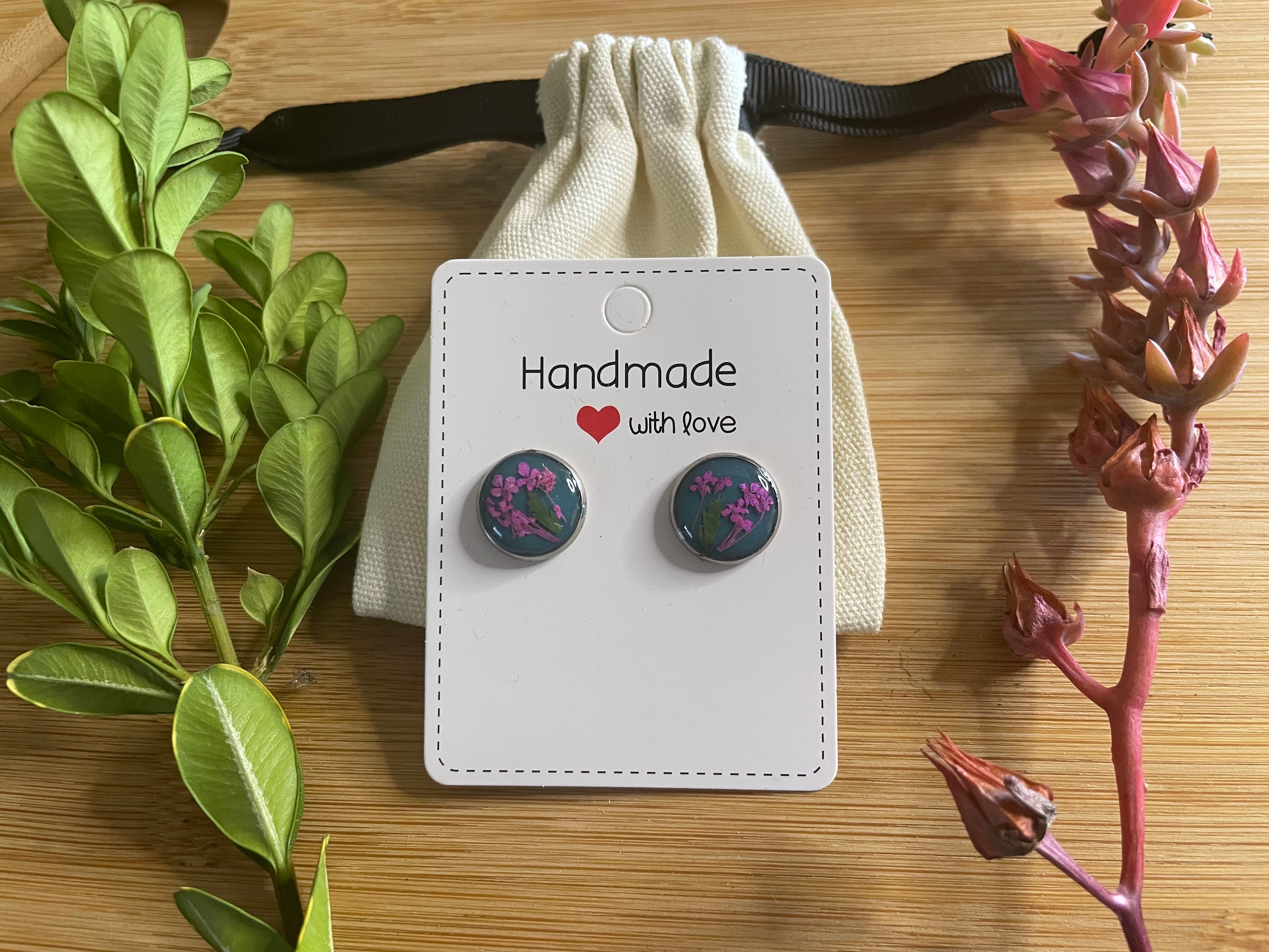 Handmade Resin Studs Teal with Real Pink Flowers