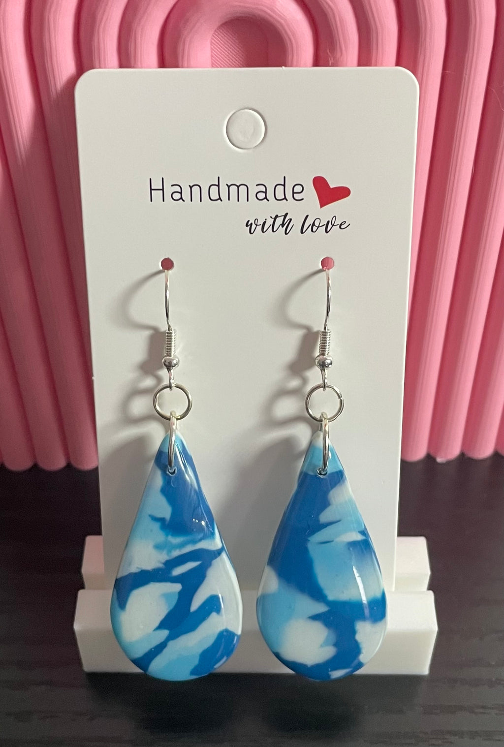 Unique Handmade Marbled Blues and White Dangly Teardrop Earrings.