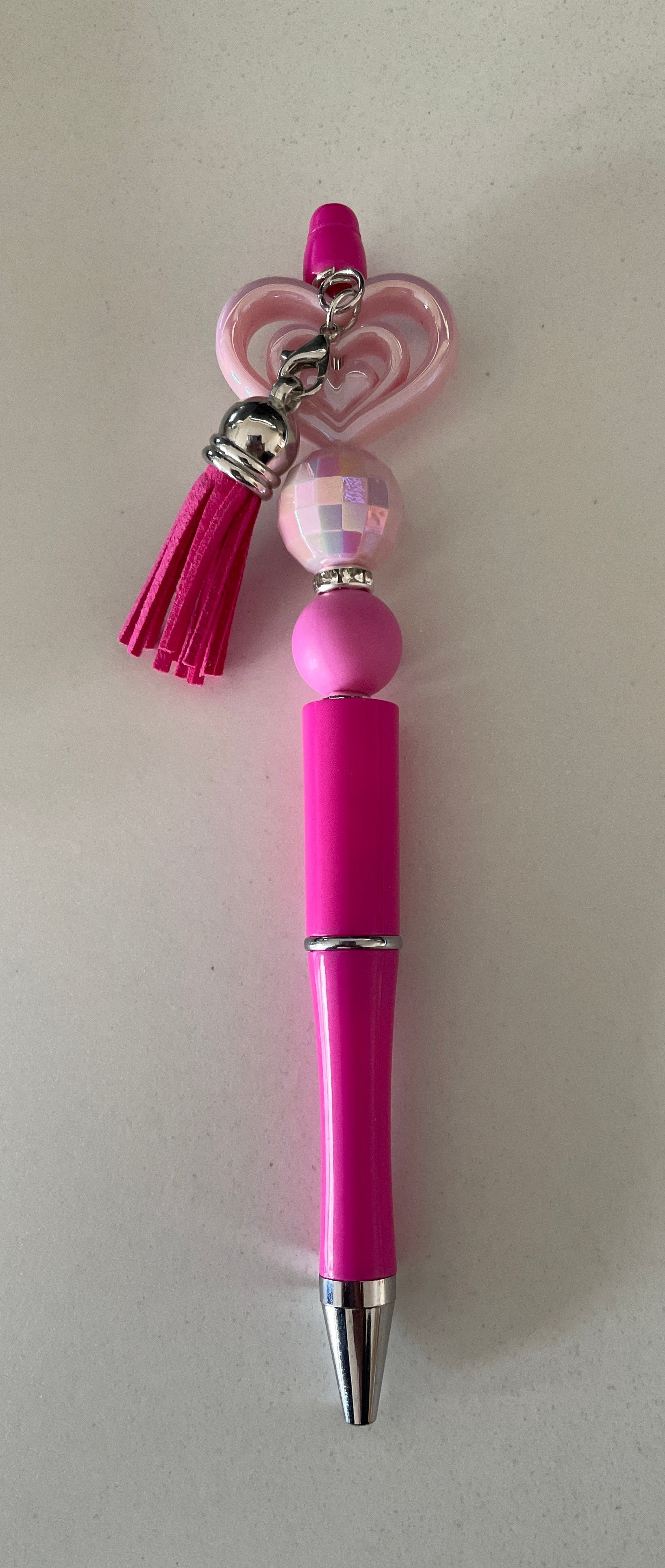 Unique Beaded Pen. Nice Bright Pinks with Disco Ball and Love Heart.