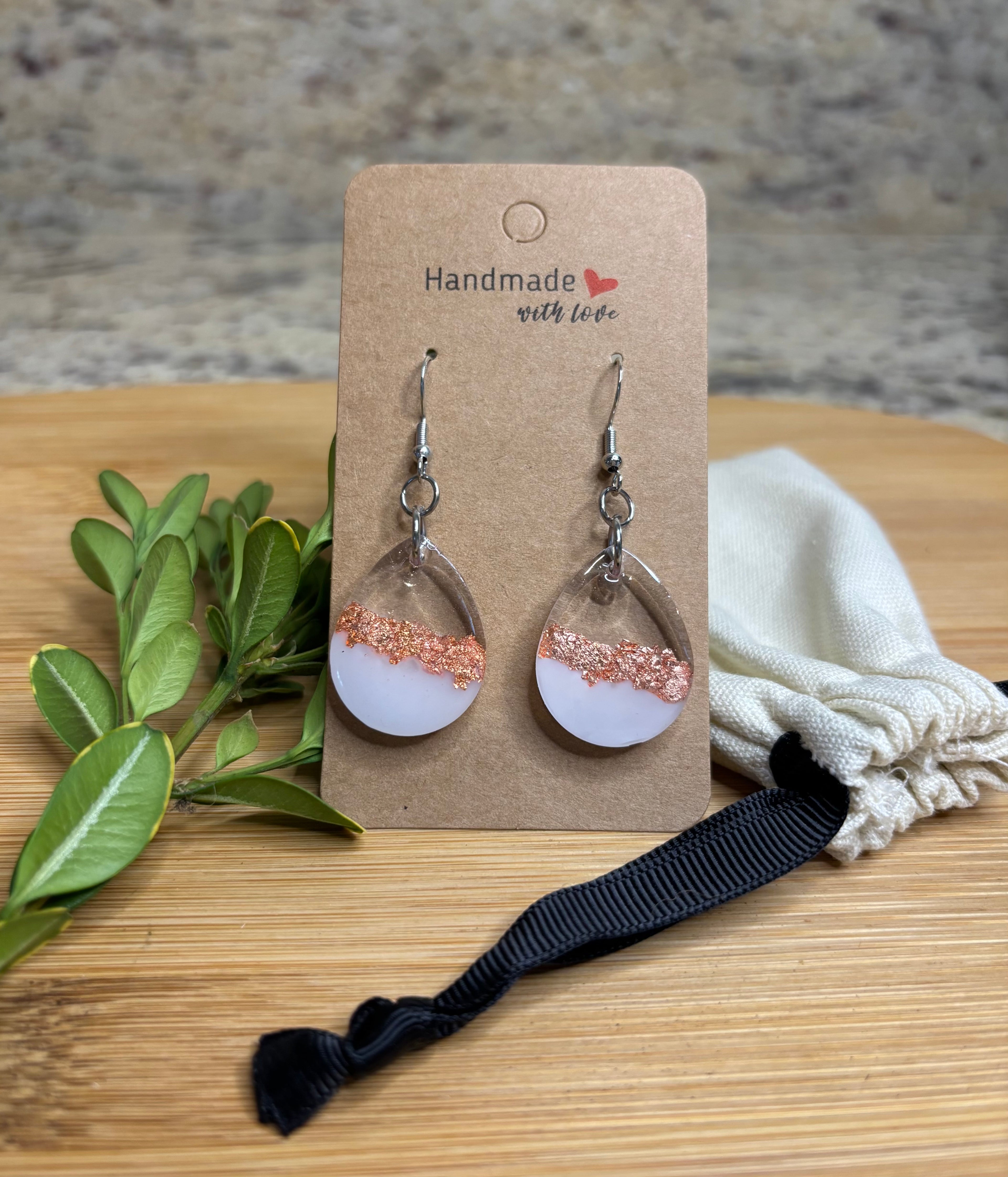 Handmade Teardrop Resin Earrings Two Tone White and Clear with Rose Gold Foil