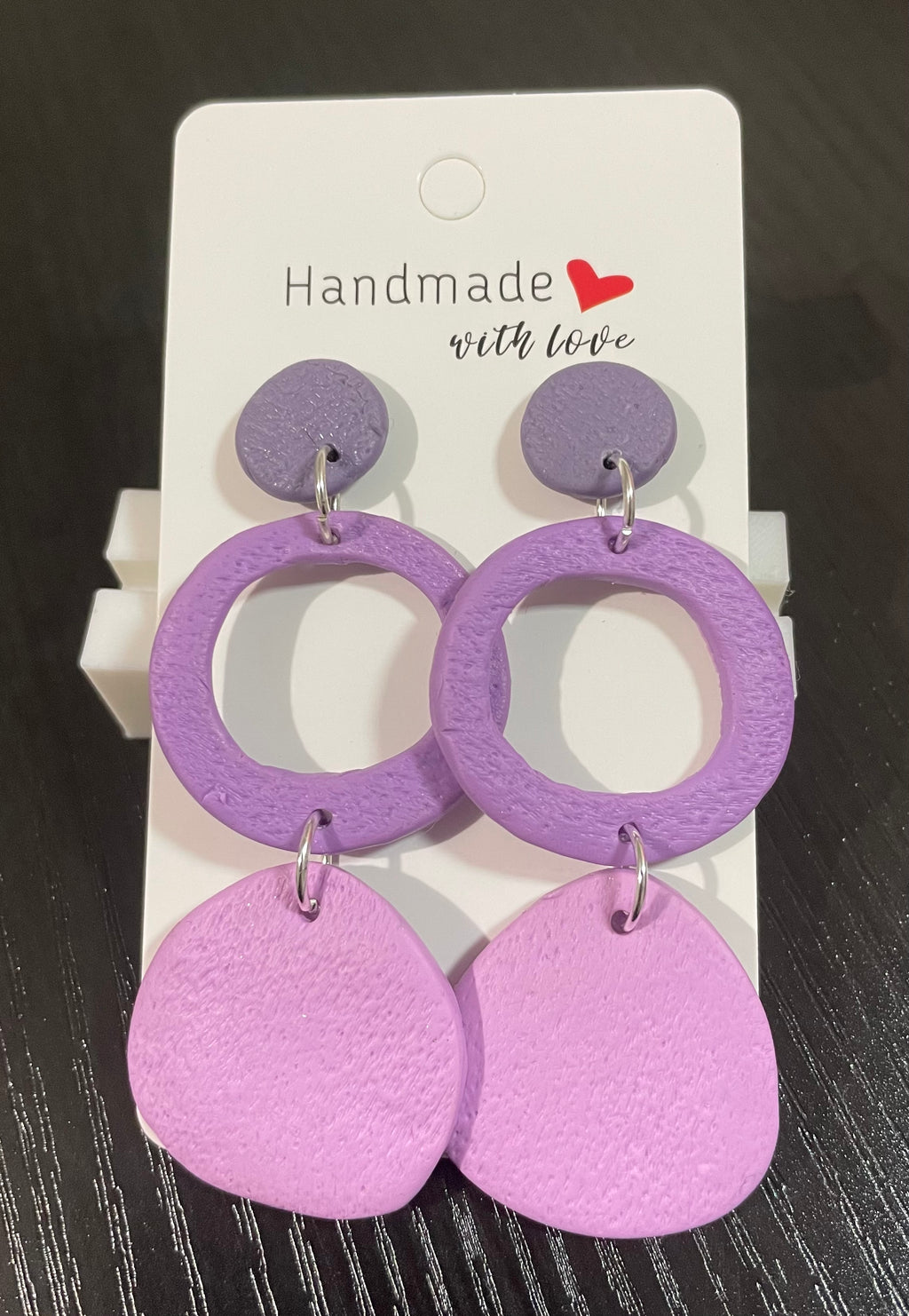 Unique Handmade Polymer Clay Abstract Dangly Earrings. 3 Tones Of Purple.