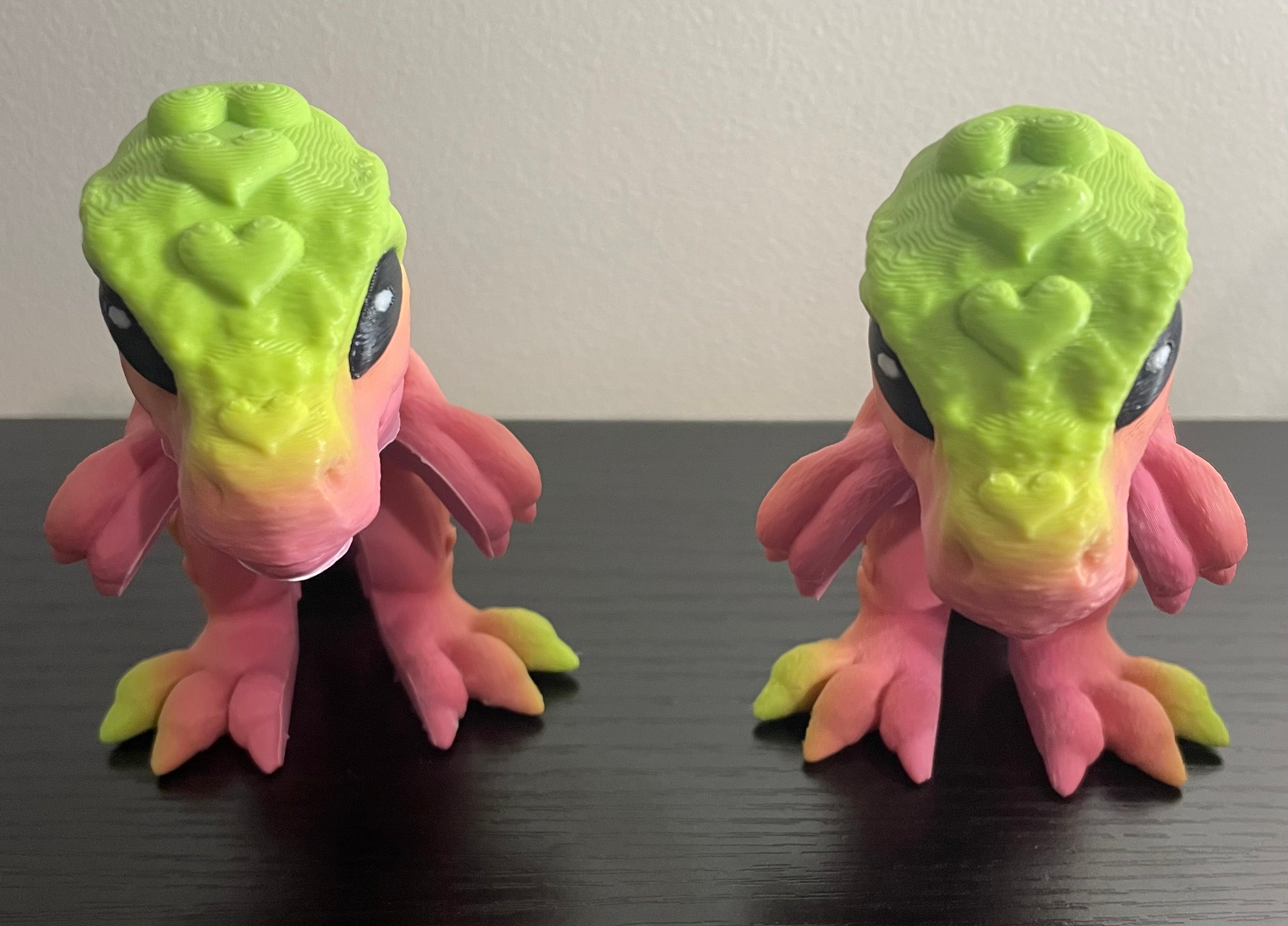 3d Printed Pink and Fluro Green Heart Tiny T-Rex Dinosaur.