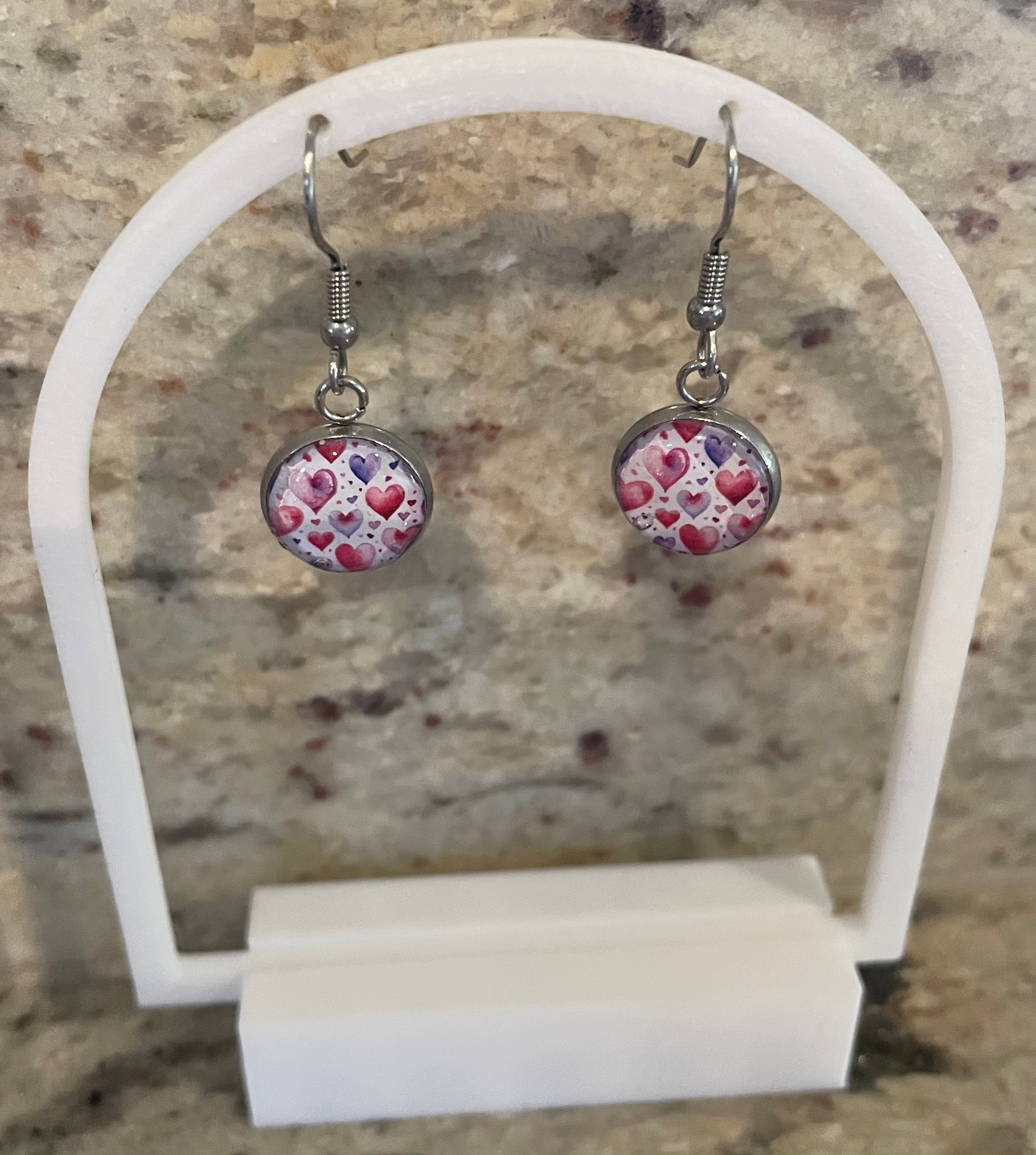 Unique Handmade Dangly Resin Earrings. Beautiful Love Heart Print. Perfect Gift or for Everyday Wear.