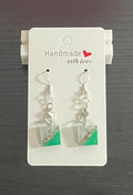 Unique Handmade Resin Dangly Earrings. Two-Tone Green and Pearl White.