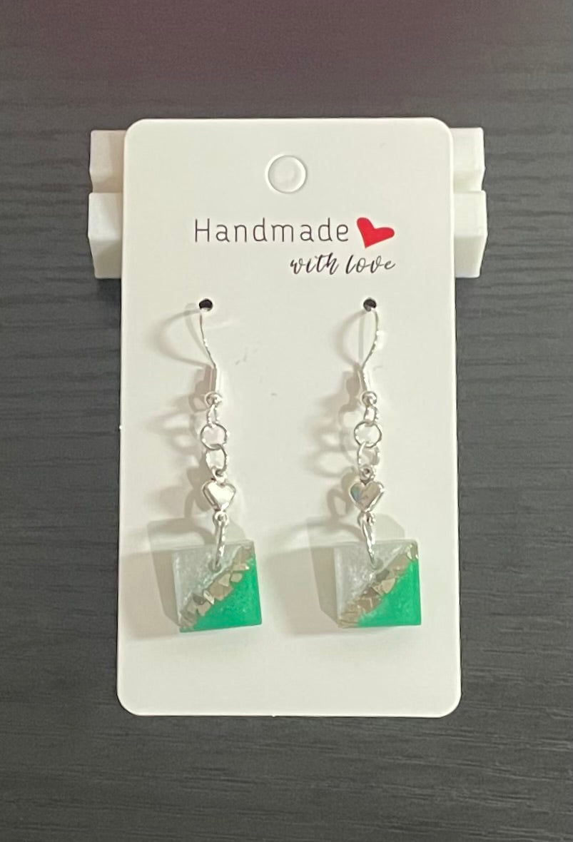 Unique Handmade Resin Dangly Earrings. Two-Tone Green and Pearl White.