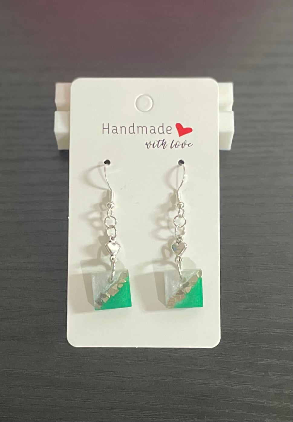 Unique Handmade Resin Dangly Earrings. Two-Tone Green and Pearl White.