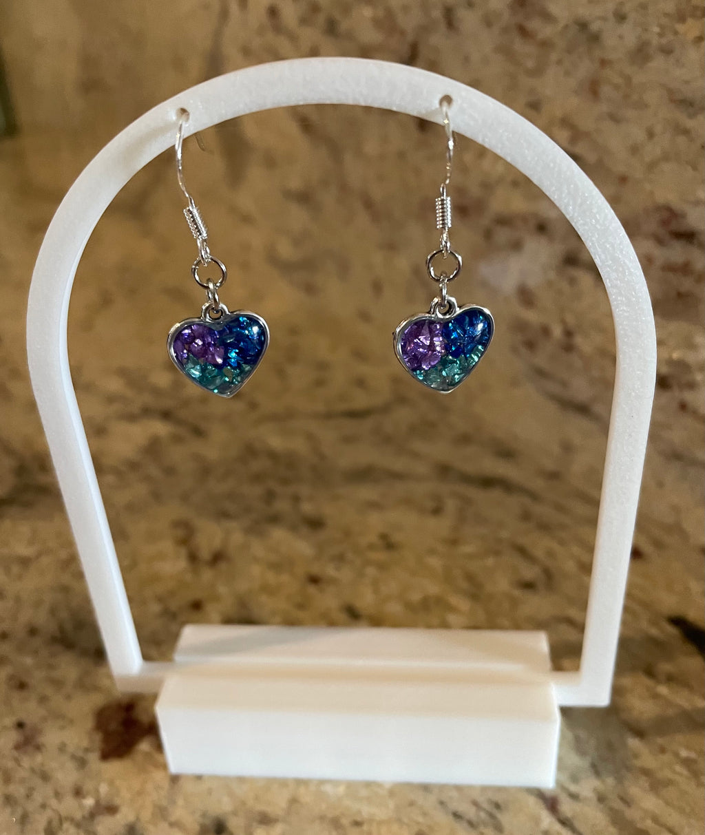 Tri-Colour Sparkly Love Heart Dangly Earrings. Perfect for a Gift, Special Occasions or Colourful Everyday Wear.