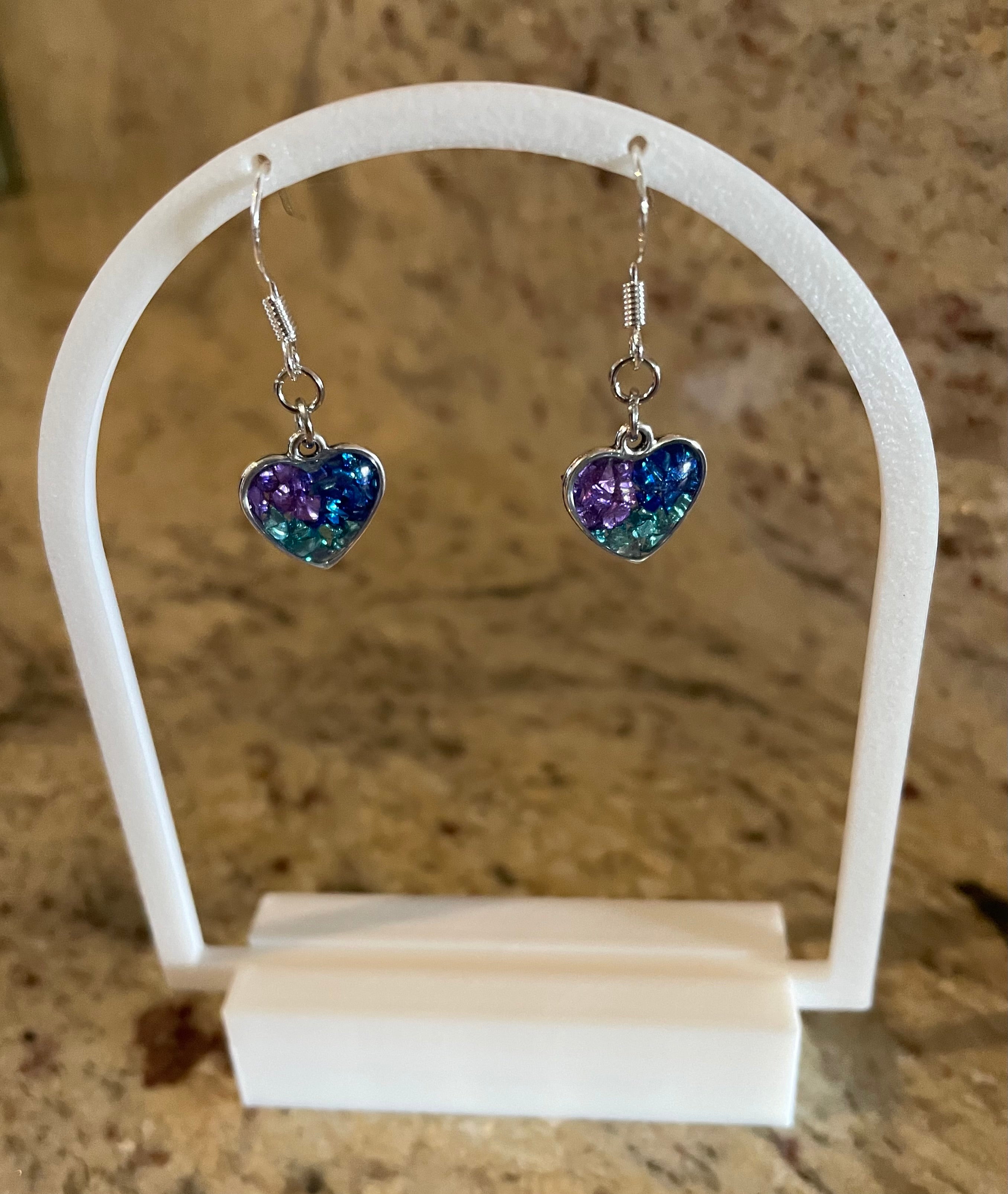 Tri-Colour Sparkly Love Heart Dangly Earrings. Perfect for a Gift, Special Occasions or Colourful Everyday Wear.