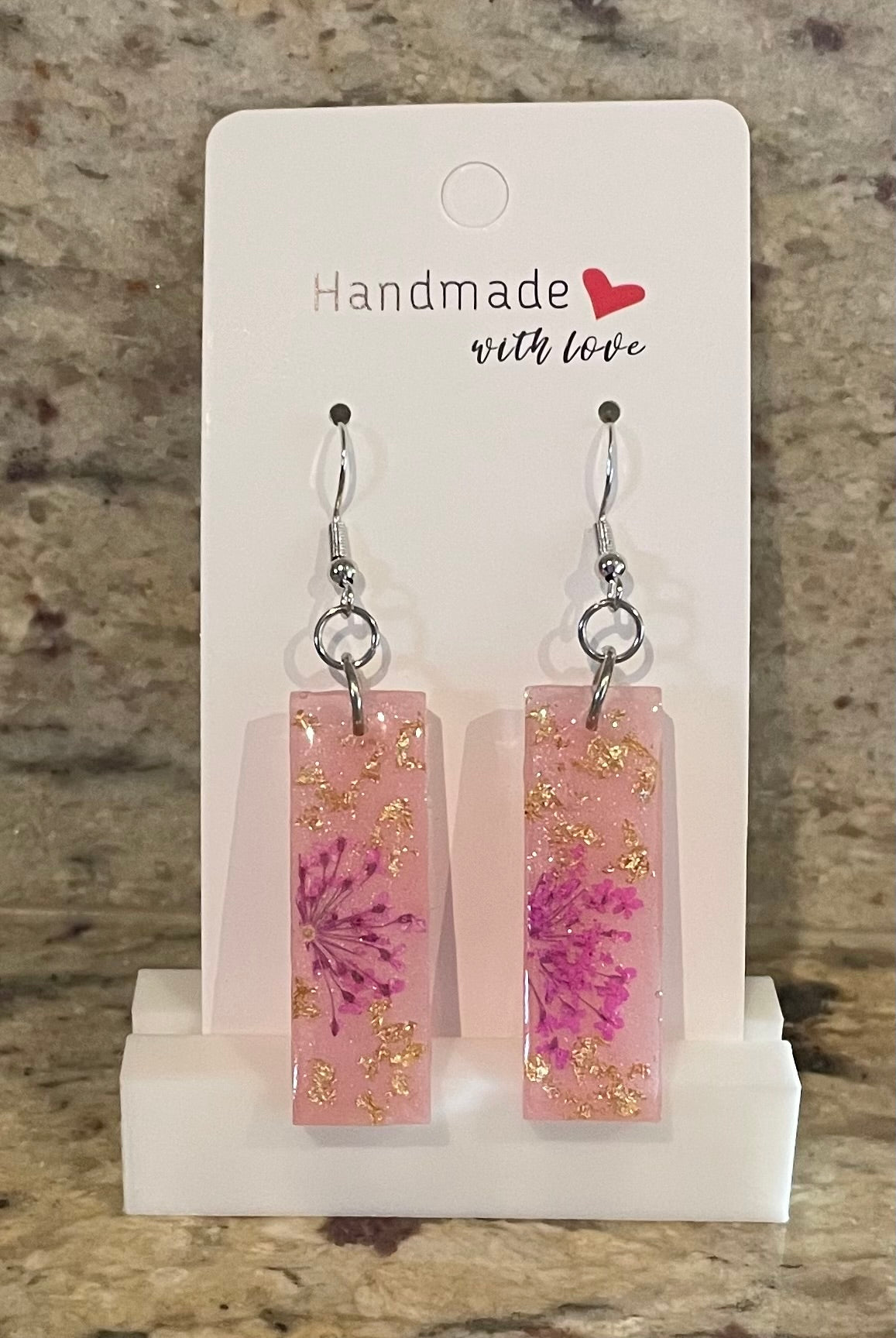 Unique Handmade Dangly Resin Earrings Light Pink with Real Dried Flowers and Gold Foil