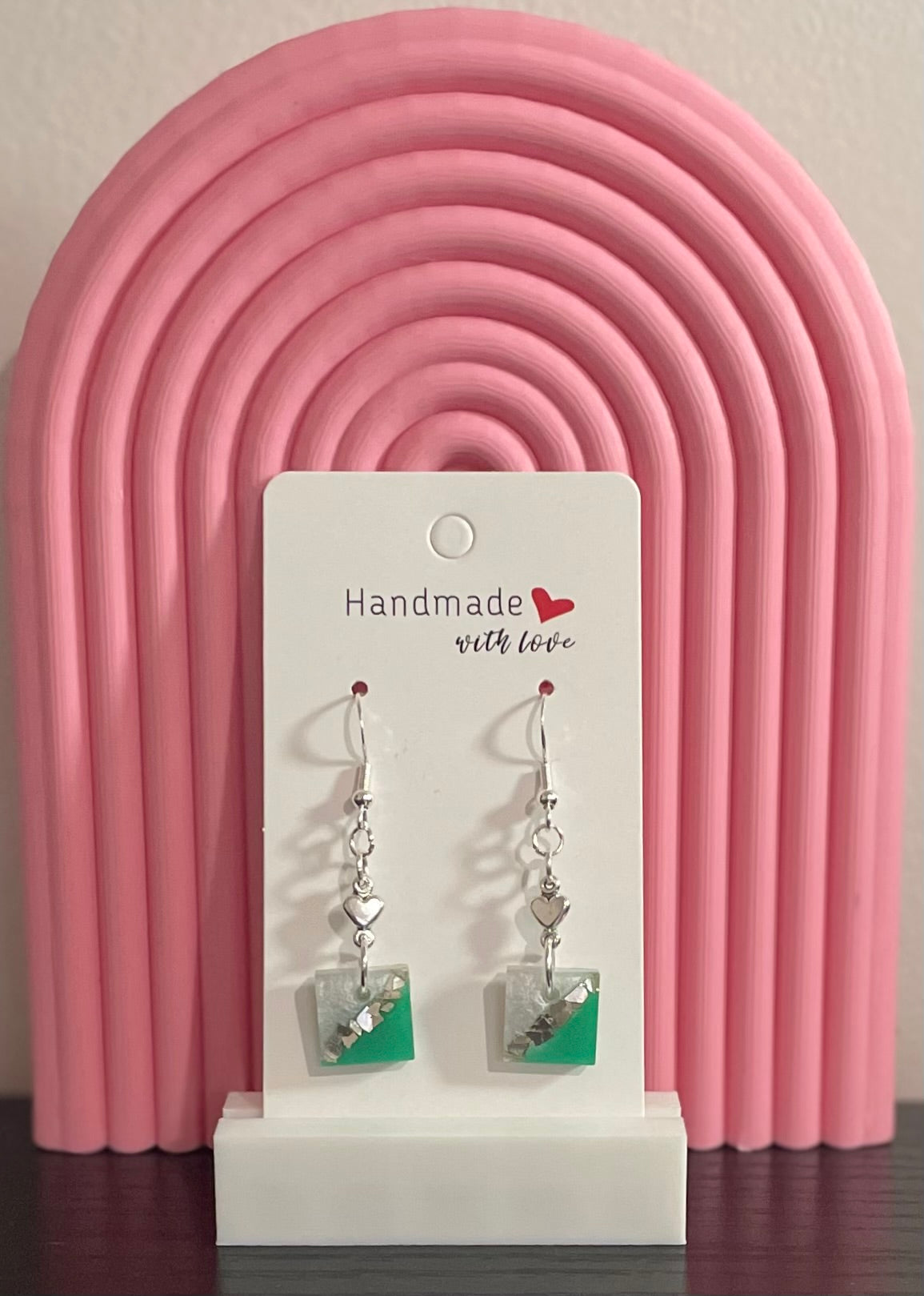 Unique Handmade Resin Dangly Earrings. Two-Tone Green and Pearl White.