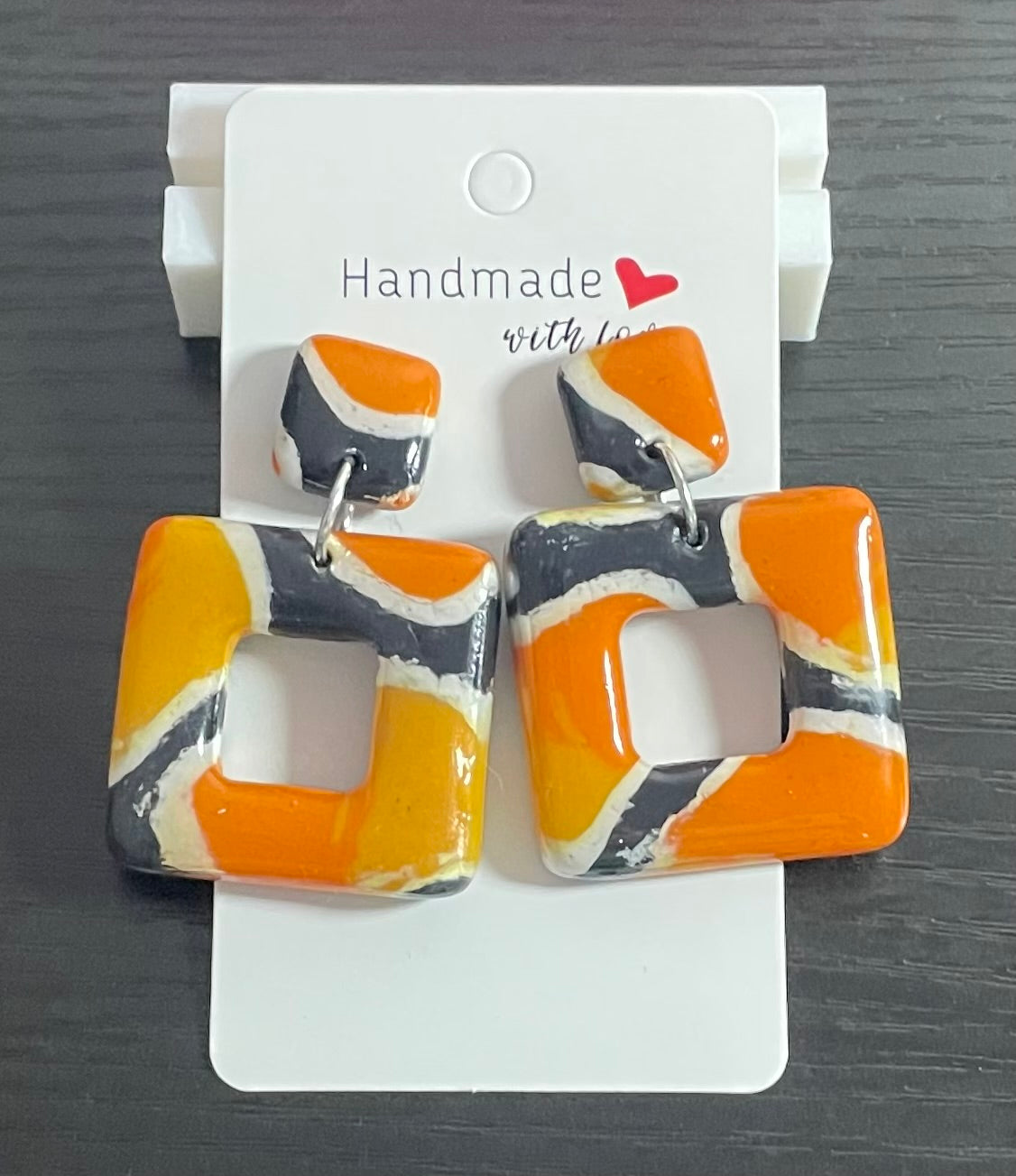 Unique Handmade Polymer Clay and Resin Earrings. One Of A Kind Orange, Yellow, Black and White.