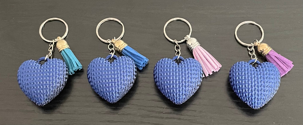 Unique 3d printed Tri-Colour Knitted Pattern Love Heart Key Ring with Tassel. Purple/Blue/Black.