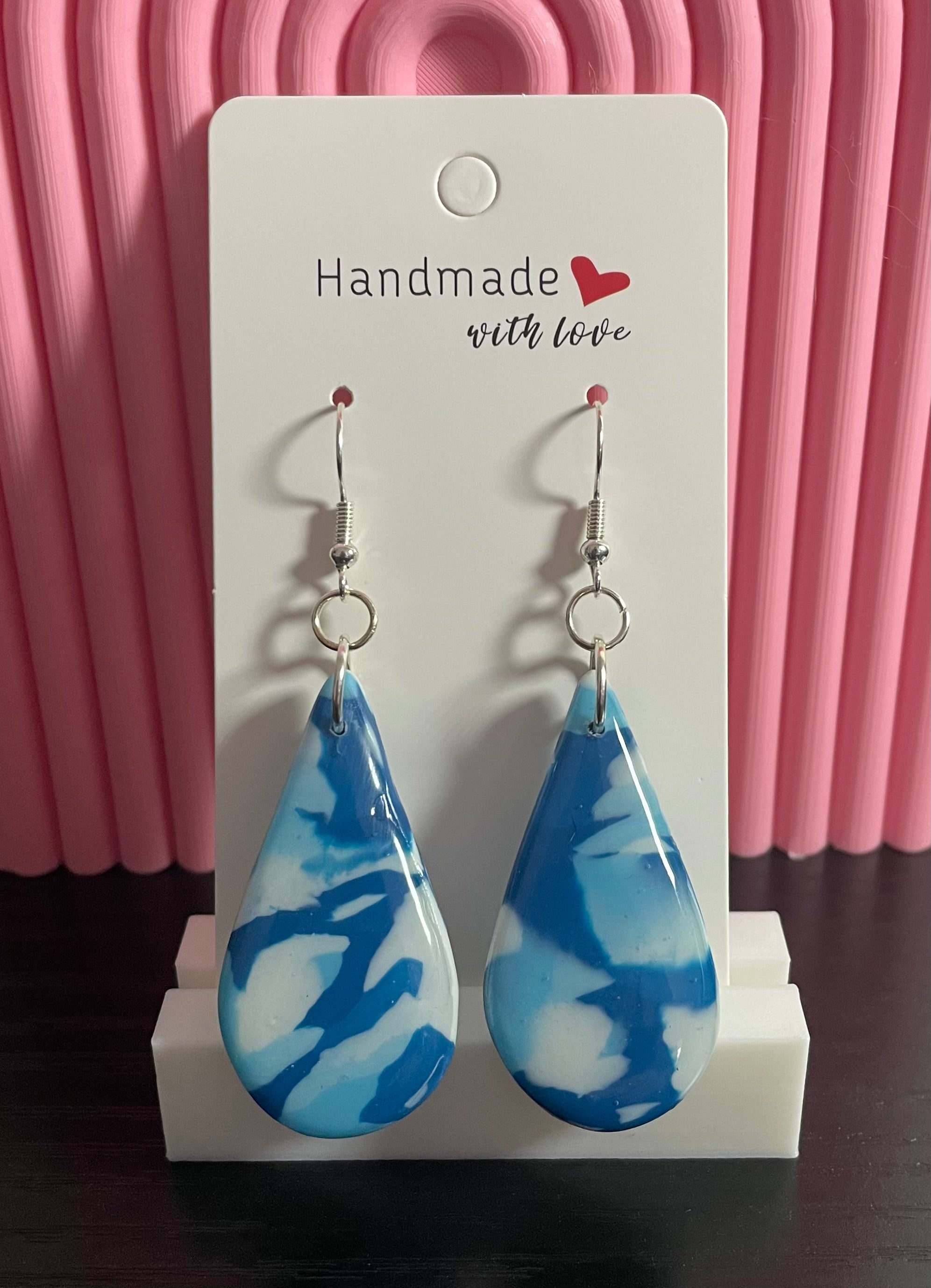 Unique Handmade Marbled Blues and White Dangly Teardrop Earrings.
