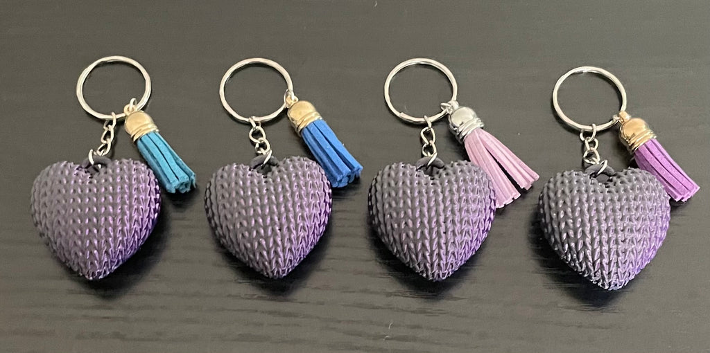 Unique 3d printed Tri-Colour Knitted Pattern Love Heart Key Ring with Tassel. Purple/Blue/Black.