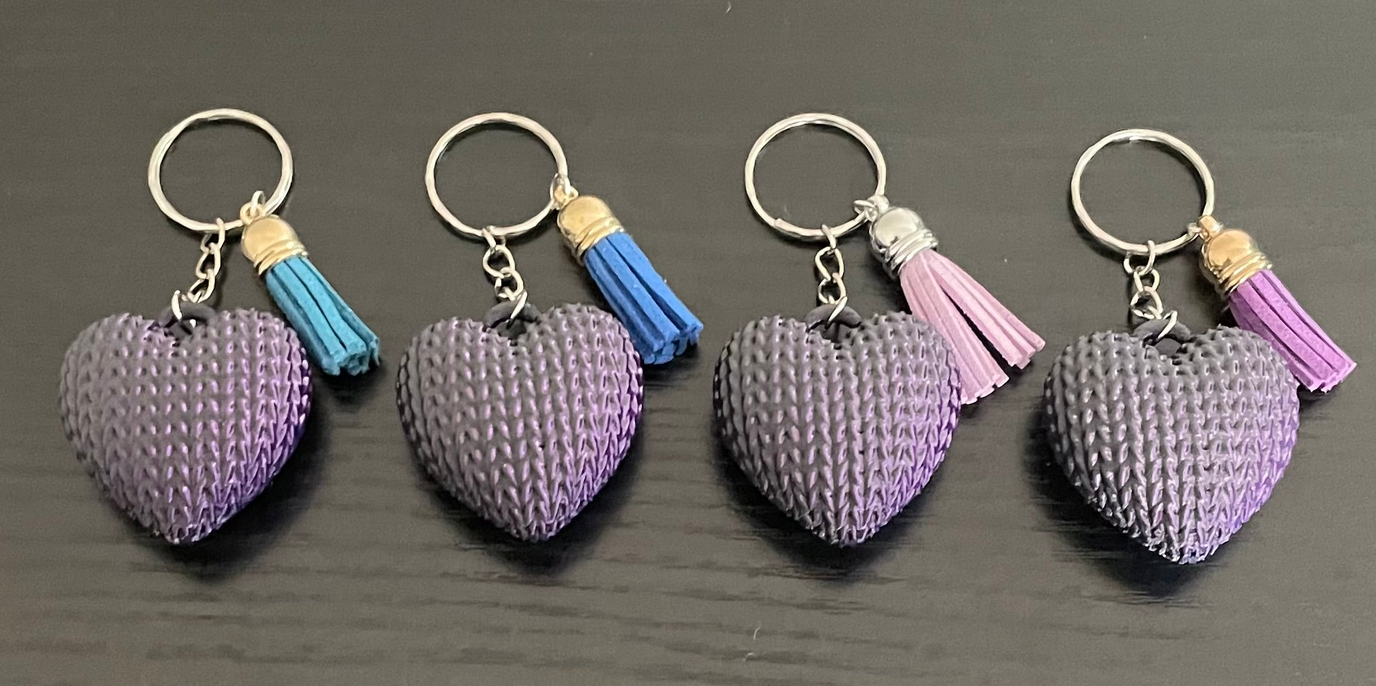 Unique 3d printed Tri-Colour Knitted Pattern Love Heart Key Ring with Tassel. Purple/Blue/Black.