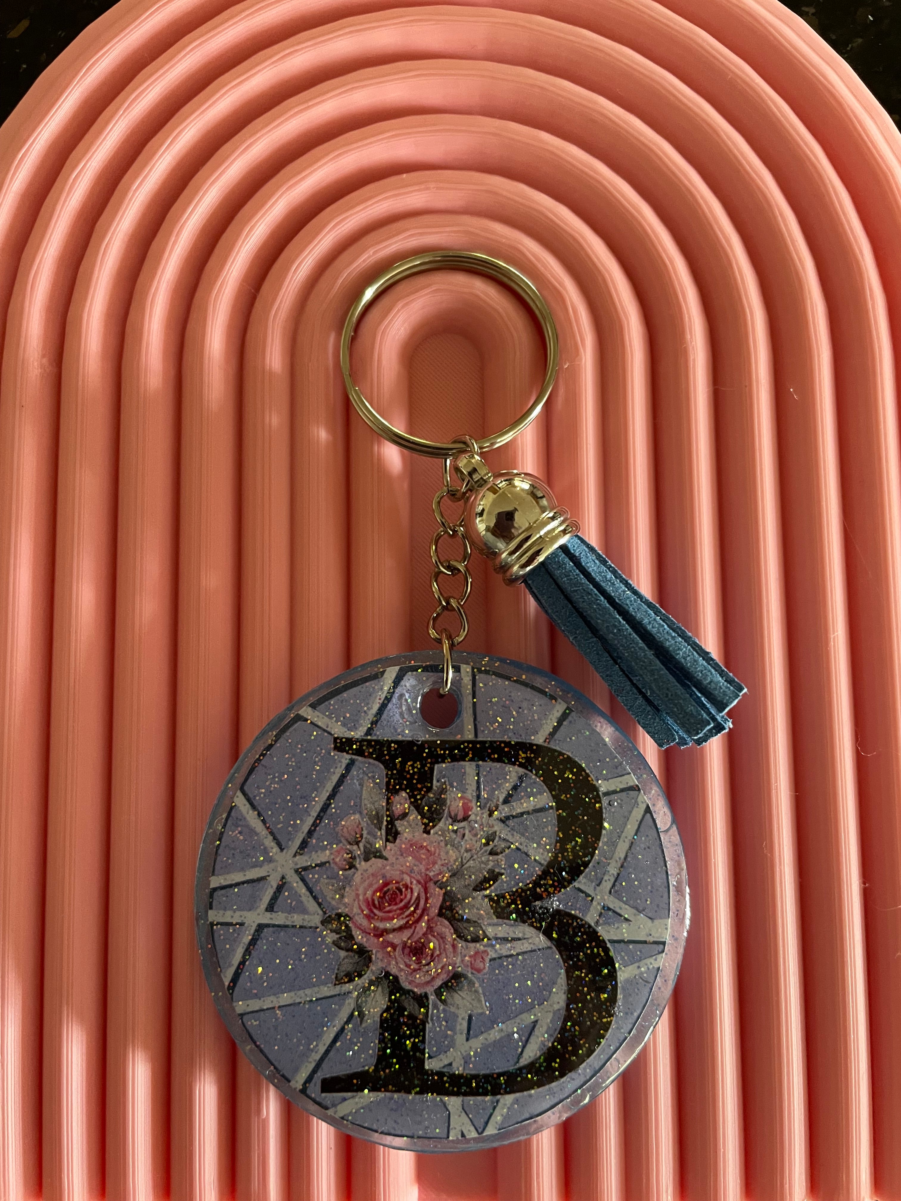 Handmade Letter B Acrylic and Resin Keychain with Tassle