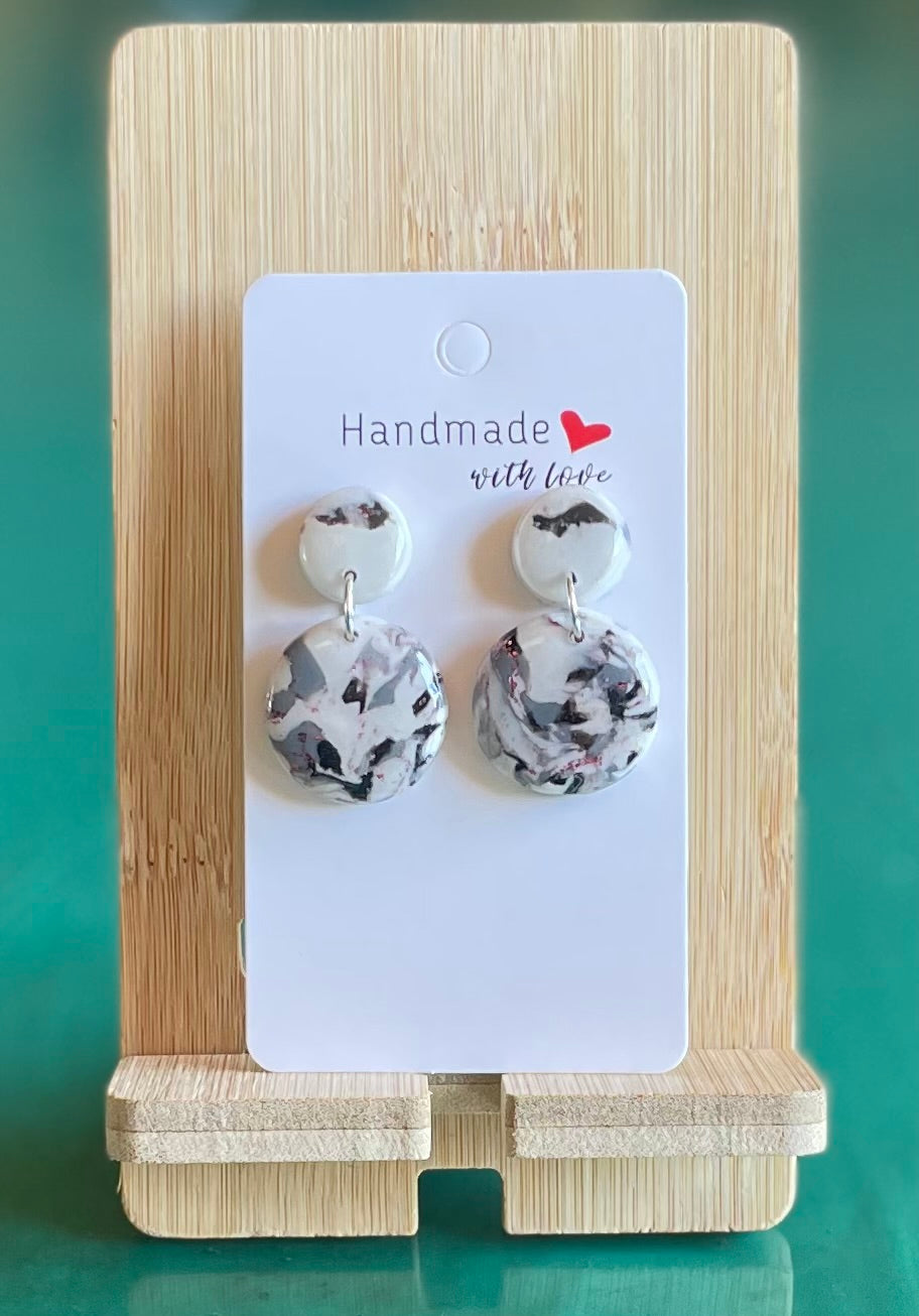 Unique Handmade Marbled Polymer Clay and Resin Round Dangly Earrings