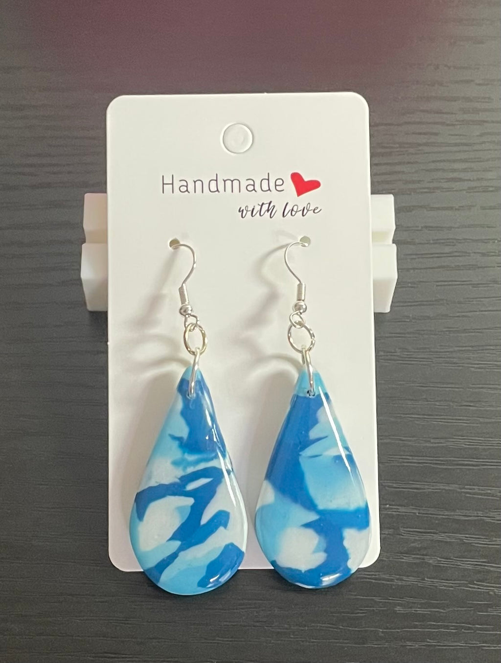 Unique Handmade Marbled Blues and White Dangly Teardrop Earrings.